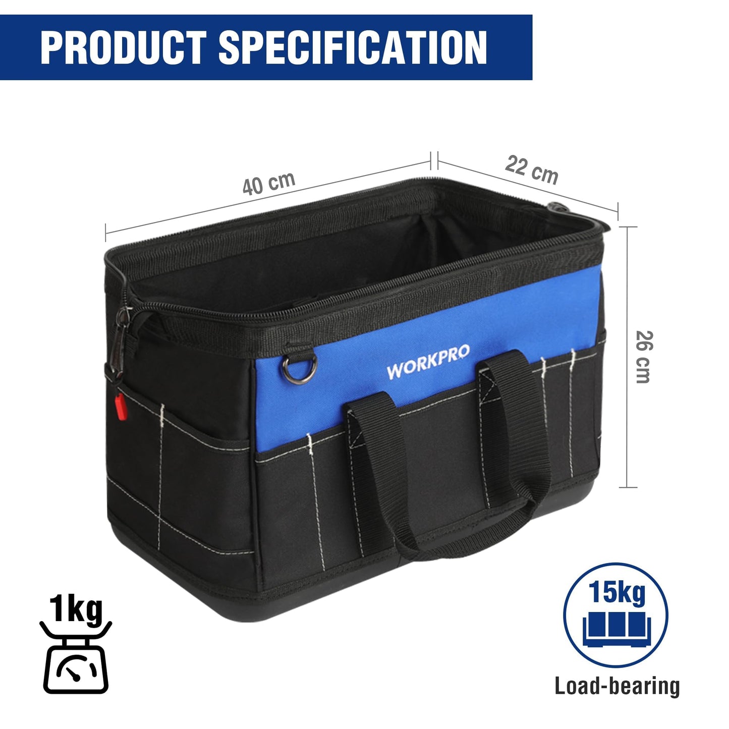 WORKPRO 16-inch Wide Mouth Tool Bag with Water Proof Molded Base