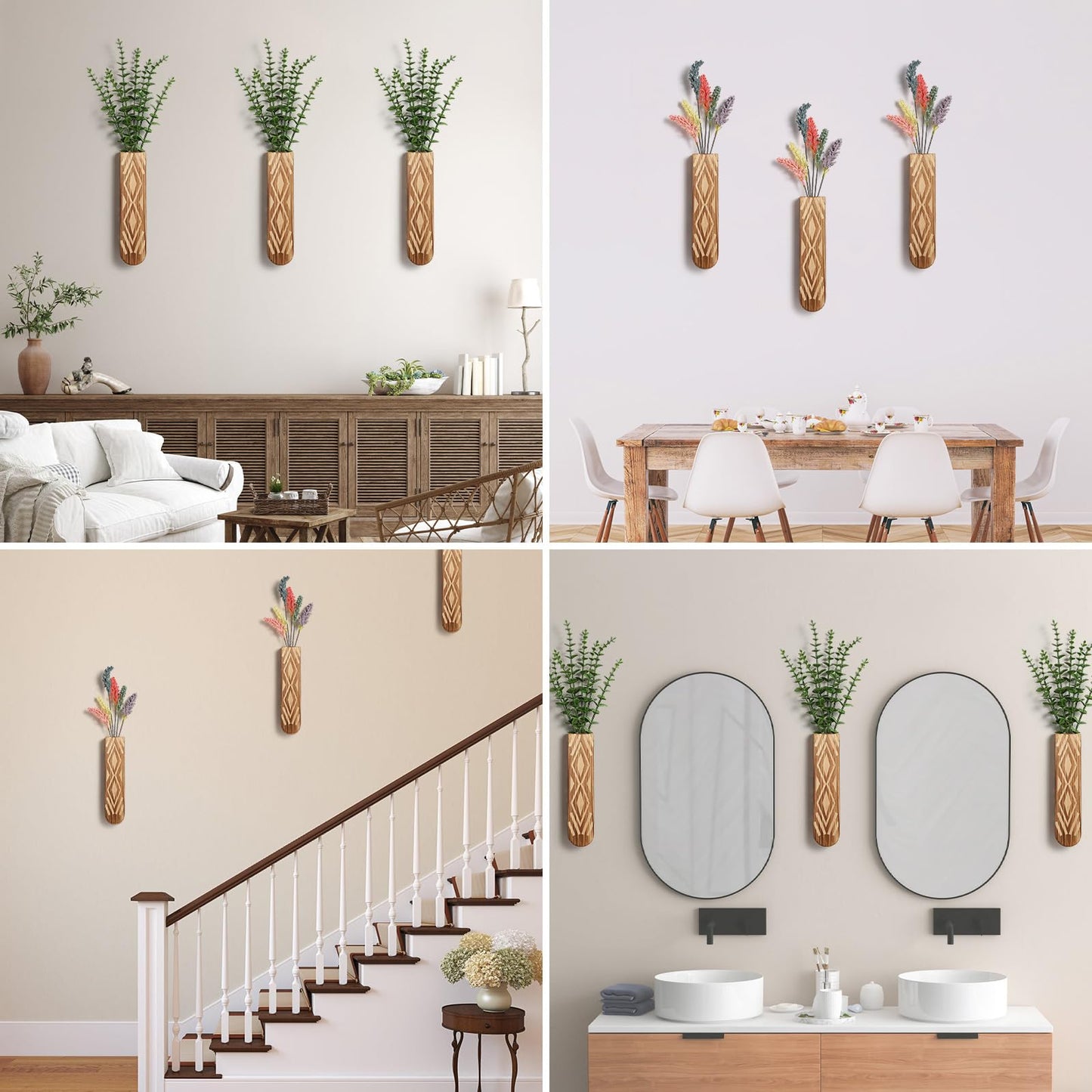 3 Pack Wood Wall Planter, Boho Wall Vase for Hallway Decor and Bathroom Decor, Modern Farmhouse Decor, Wooden Hanging Planter for Holding Dried Flowers and Faux Greenery
