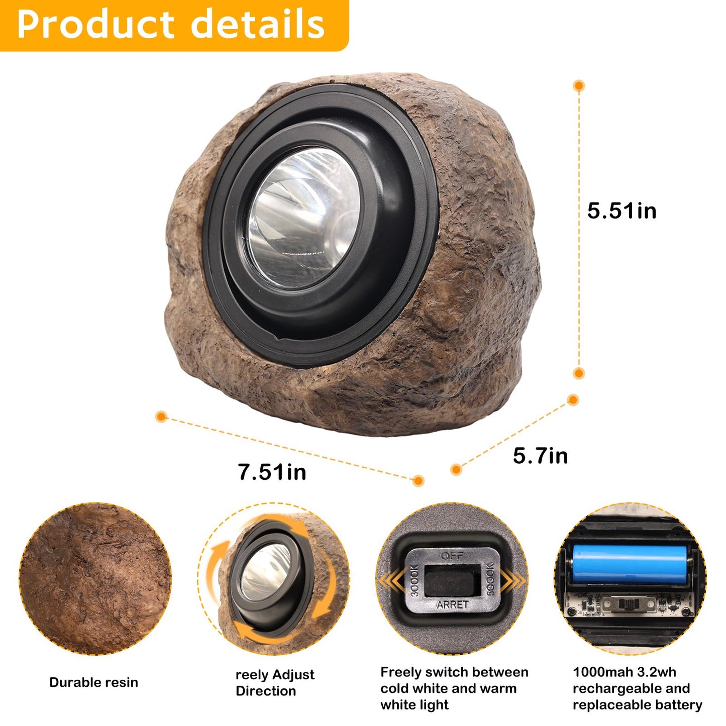 VOOKRY Brown Solar Rock Lights Outdoor 2-Pack, IP65 Waterproof LED Garden Stone Lights, Switchable Warm & Cool White, Auto On/Off Landscape Lighting for Pathway, Yard, Patio, Walkway