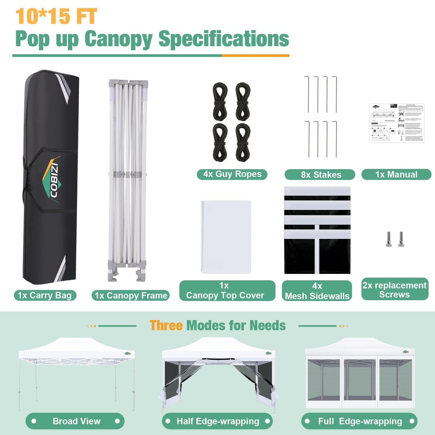 COBIZI 10x15 Canopy Tent, Heavy Duty Pop up Canopy with Sidewalls, Waterproof Easy Setup Tent with Mosquito Netting, Outdoor Instant Screen Tents for Parties, Wedding, Backyard with Carry Bag, White