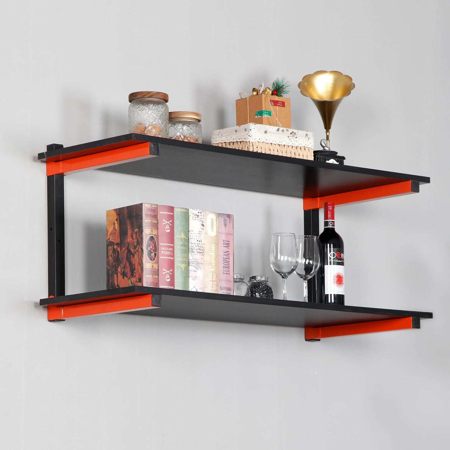 mekpiwu 3-layer wooden storage metal rack, wall mounted storage rack, suitable for storage shelves in sheds and garages (black, 2pcs)