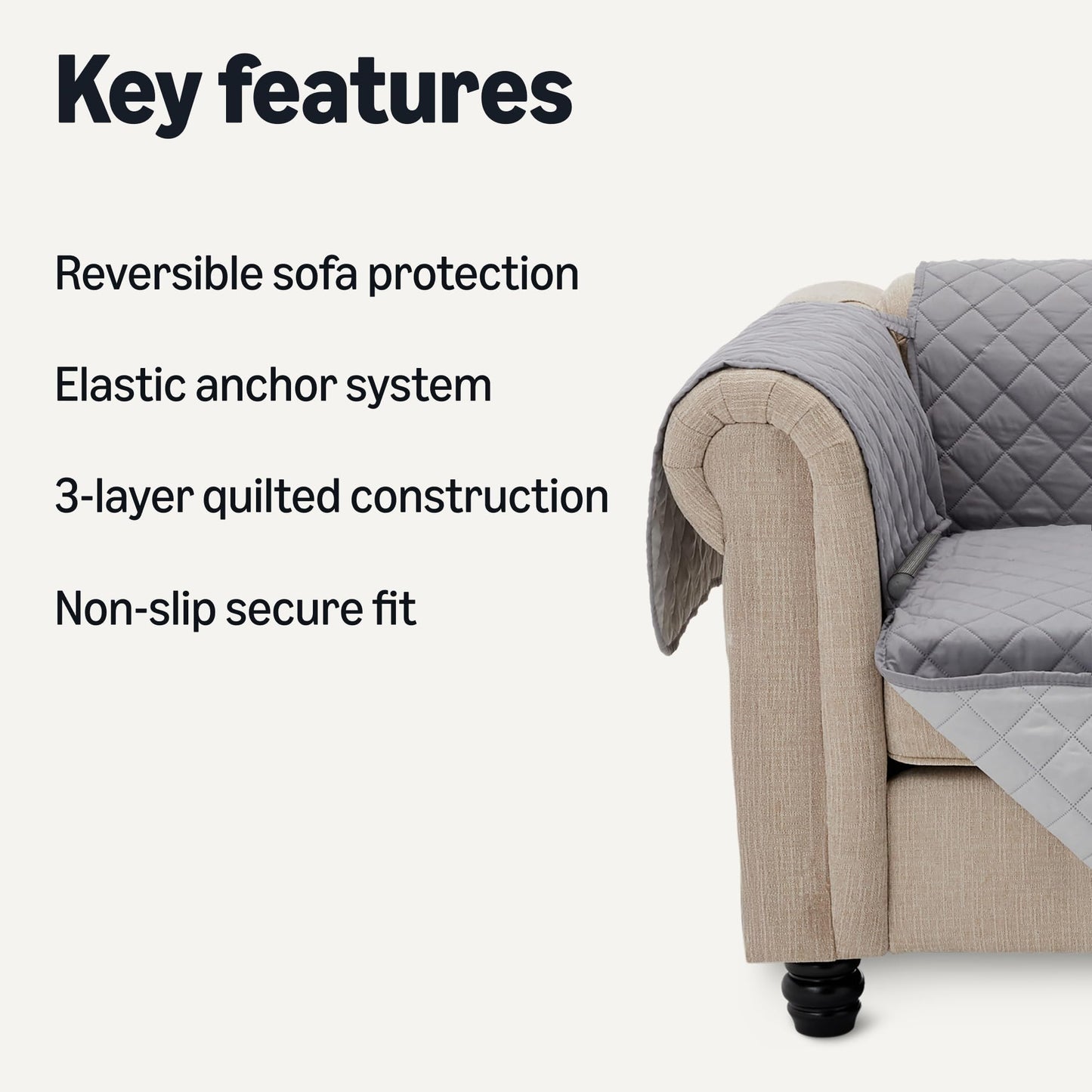 Amazon Basics Quilt Reversible Sofa Slipcover, Three seat Sofa, Large, Gray/Light Gray