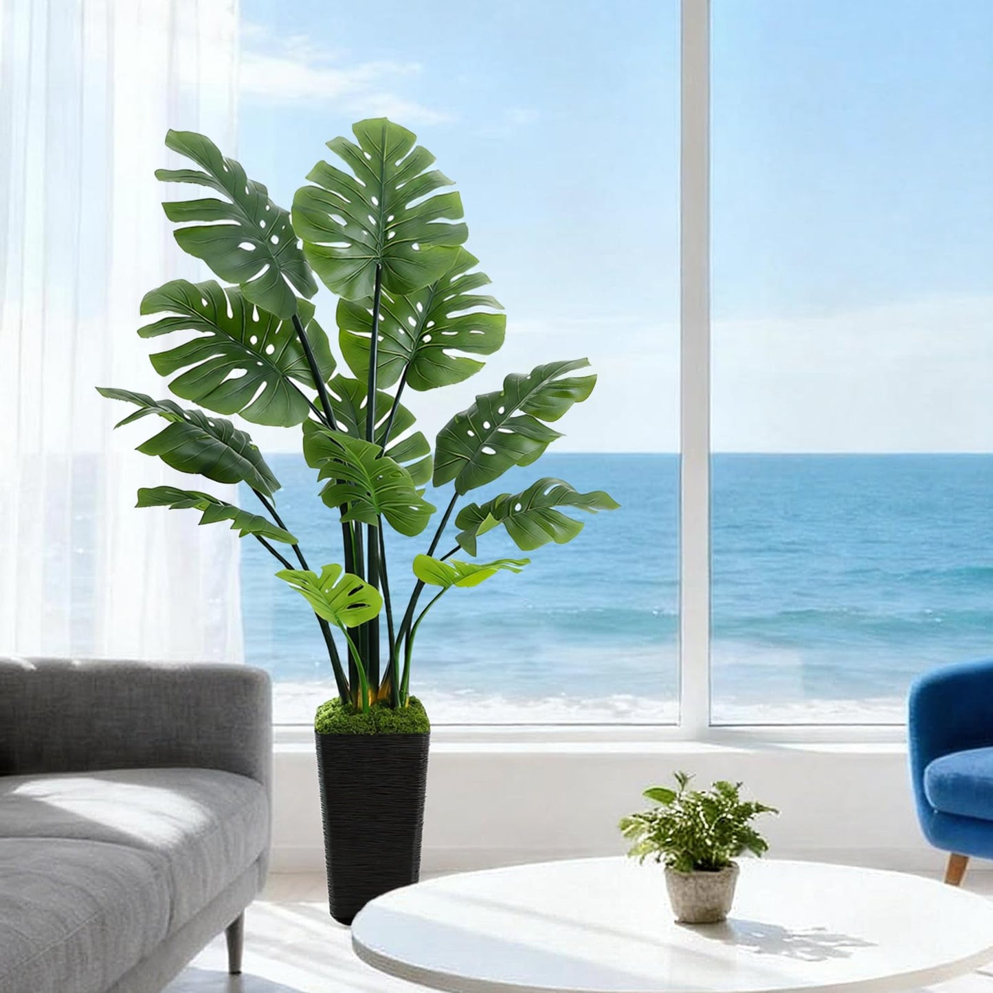 UPBUD Artificial Monstera Deliciosa Plant, 5FT Fake Monstera Tree with 12 Lifelike Leaves & Black Pot, 60in Tall Faux Floor Trees Fake Plants for Indoor Office Porch Living Room Windowsill Decor