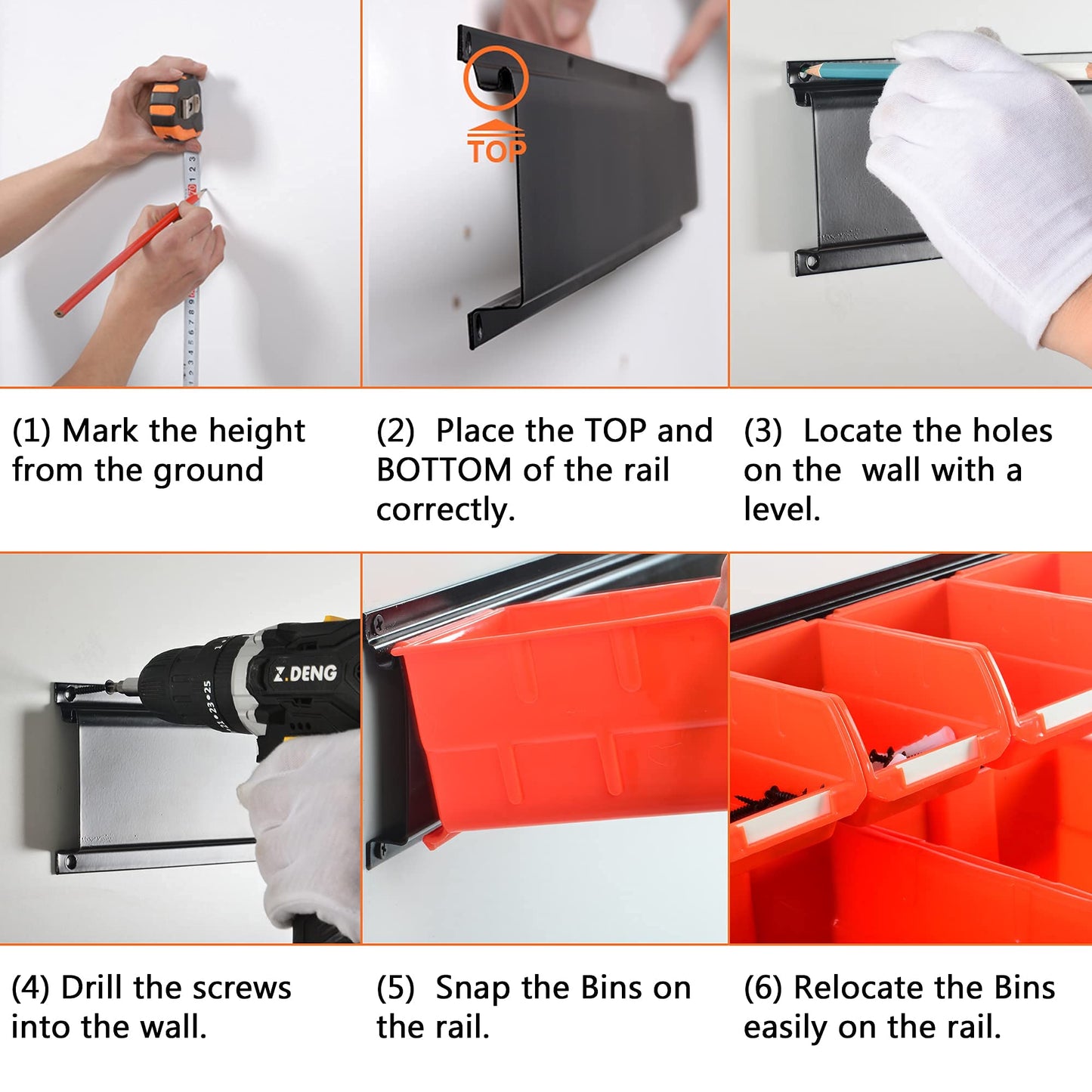 Wallmaster Wall Mounted Storage Bins, Wall Storage Bins Parts Rack 10 Bins&3 Rails Wall Mount Tool Organizer Hardware Storage Organizer (Orange)