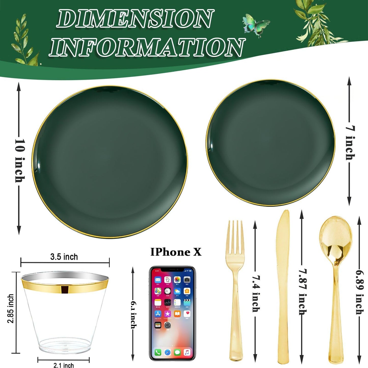 WDF 300Pcs Green Plates Disposable - Heavy Duty Green Plates - 50Guest Green Plastic Dinnerware Include 50 Dinner Plate, 50 Dessert Plate, 150 Cutlery & 50 9oz Cups for Parties/Wedding/Party