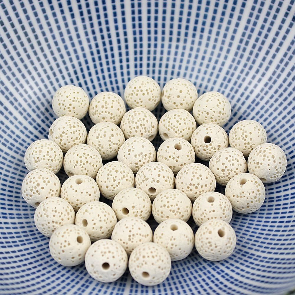 MJDCB Natural Multicolor Volcanic Lava Stone Round Loose Stone Beads DIY for Jewelry Bracelet Making 15" (10mm, White)