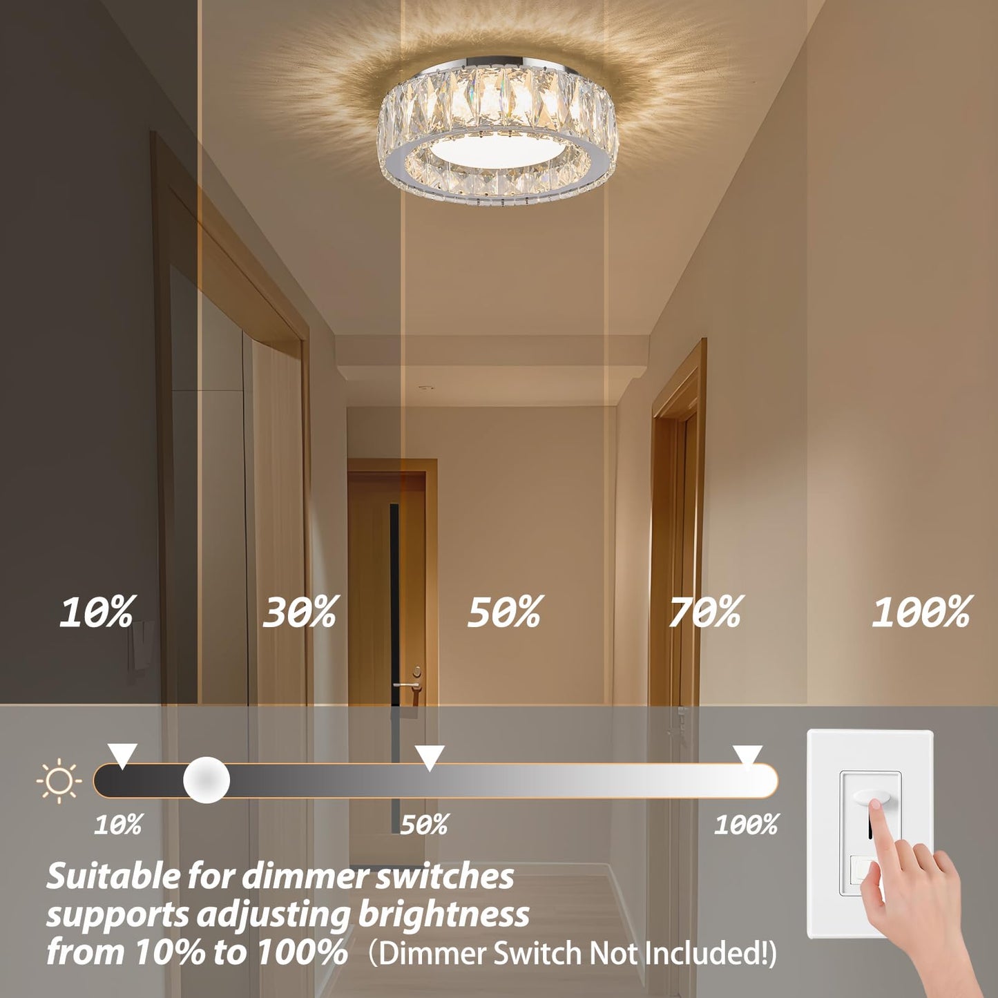 Gisisee 11 Inch Chrome Modern Luxury Crystal Flush Mount Ceiling Light Fixture,5CCT 3000K-6000K 24W,Round Small Dimmable Led Chandelier Hallway Lighting for Entryway,Kitchen,Bedroom,Laundry Room