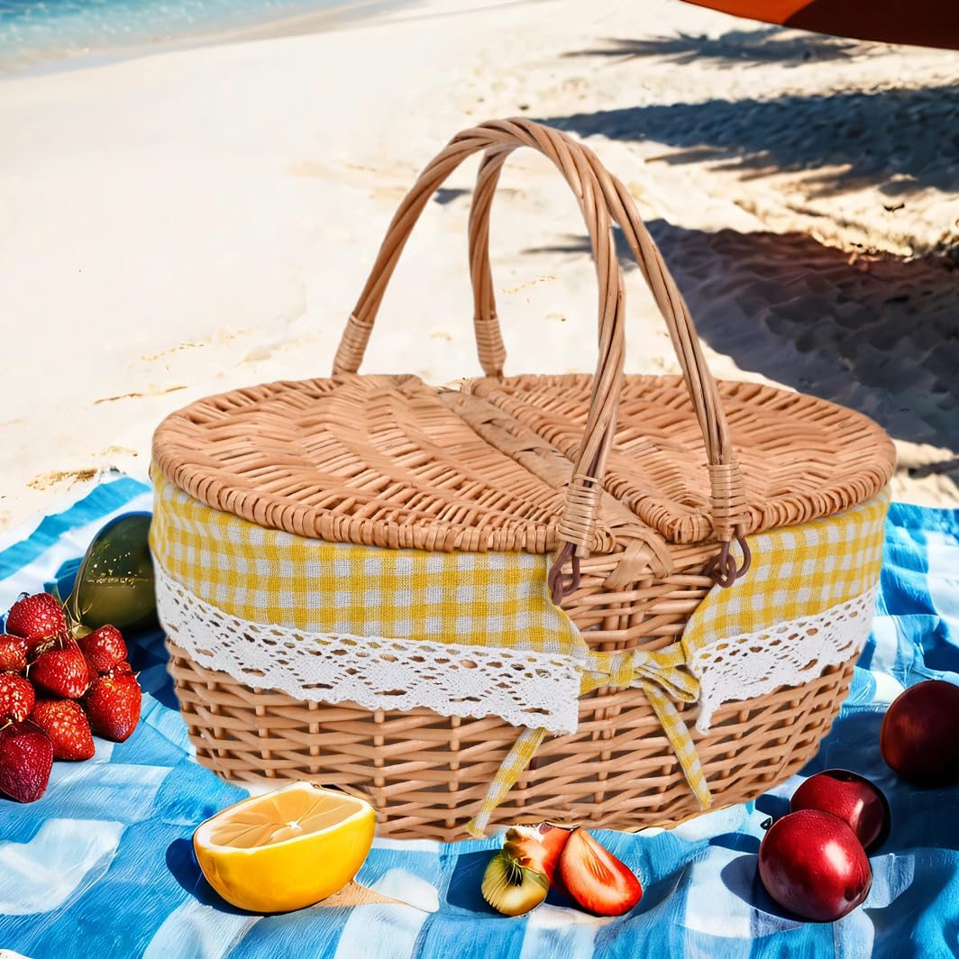 Large 15.4" Wicker Picnic Basket with Removable Liner Empty Picnic Baskets with Lid, Picnic Hamper with Foldable Handles for Picnic, Yellow Checkered, Large