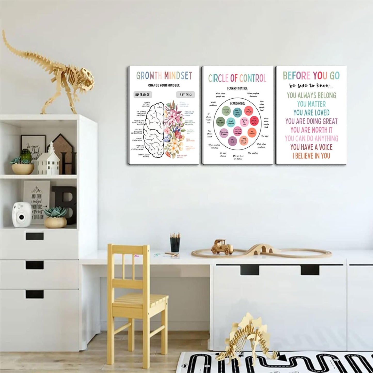 3Pcs Mental Health Wall Art Motivational Wall Decor For Therapy Office,Change Your Mindset Change Your Life Canvas Print Painting Picture for Classroom,Home,Growth Mindset Gift 12x16in Framed