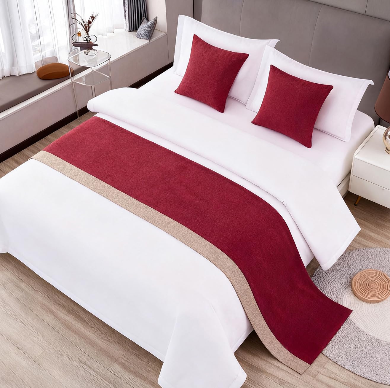 Ctslbreploo Red Bed Runner 82 x 20 Inch Red and Khaki Patchwork Bed Scarf for Queen & Full Bed Stripe Reversible Quilted Bed Runner Decorative for Hotel Bedroom Home - 1 Piece