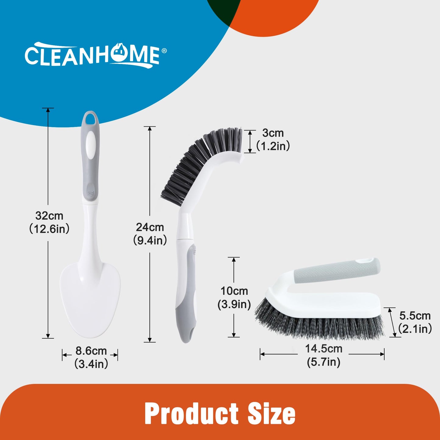 CLEANHOME 3 Pcs Scrub Brush,Multifunctional Cleaning Brush Set with Non-Slip Handle and Sturdy Bristles,Scrub Brushes for Cleaning Bathroom,Kitchen,Grout,Tile,Grey
