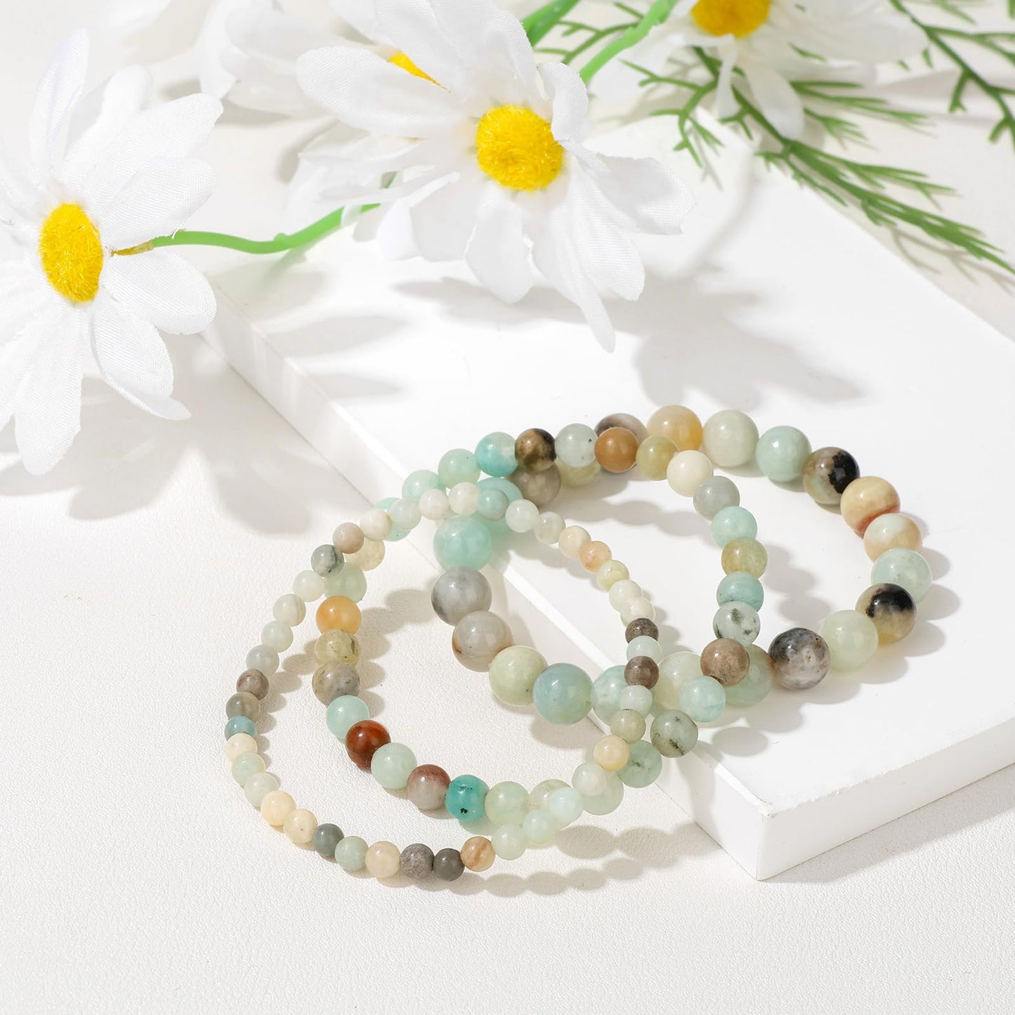 Bolinailo 3Pcs Natural Healing Crystal Bracelets for Women Men, 4mm 6mm 8mm Beaded Stretch Bracelet Set, Amazonite Natural Stone Gemstone Jewelry Gifts for Meditation, Reiki & Yoga