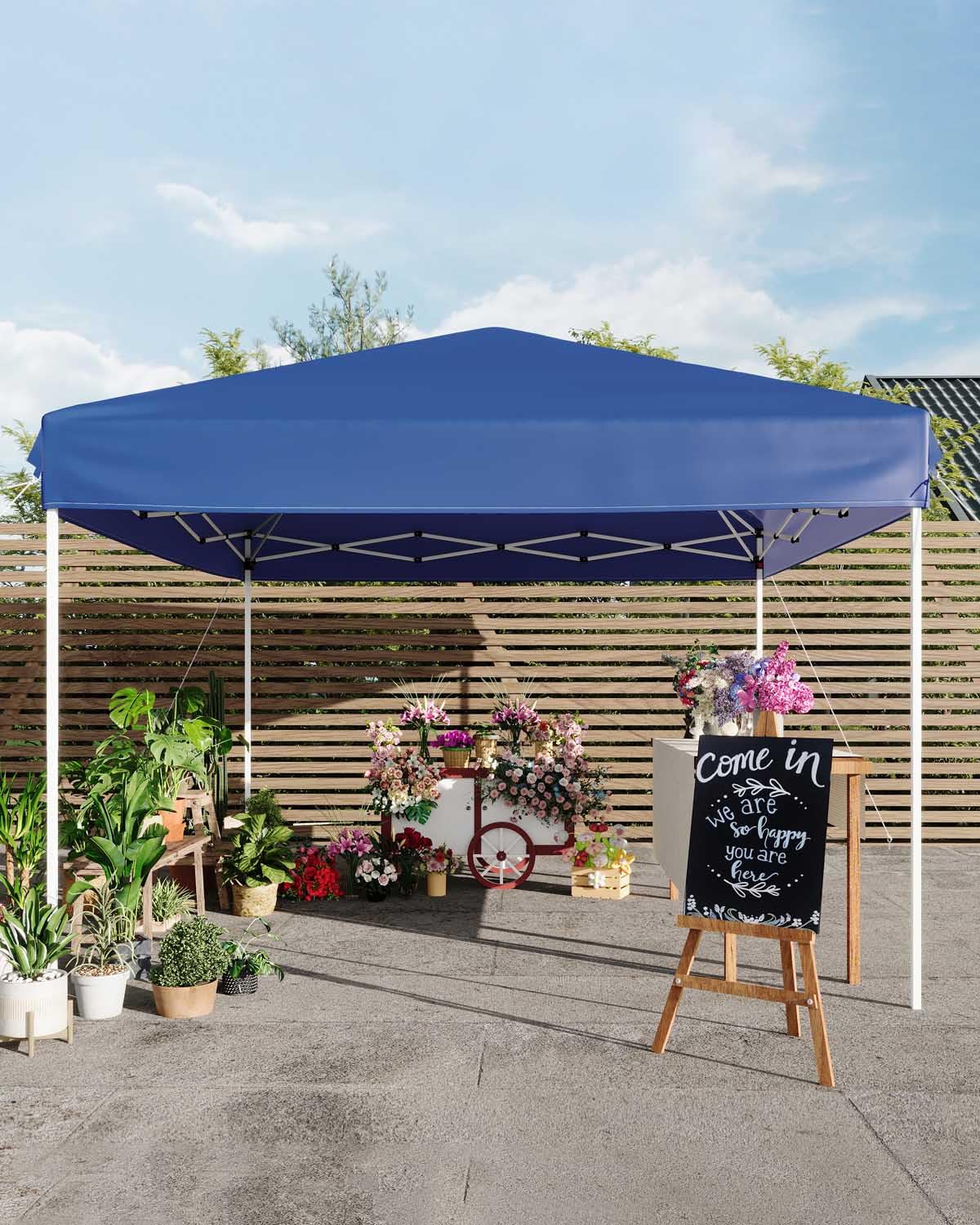 GarveeLife 10x10 Pop Up Canopy with 3 Sidewalls - Easy Up Camping Tent with One Button Push Setup - 1 Roller Bag, 3 Adjustable Height, 4 Weight Bags for Deck, Garden, Sports, Beach, Party - Blue