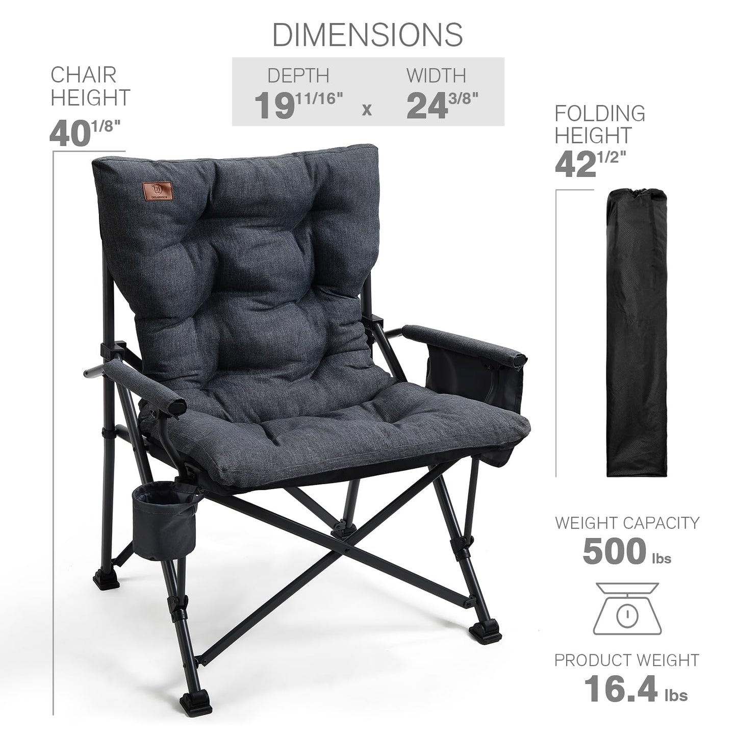 EVER ADVANCED Padded Oversized Folding Camping Chair for Adults, Heavy Duty Lawn Chair with Side Pockets, Portable Collapsible Quad Chair for Outside, Support Up to 500lbs, Black