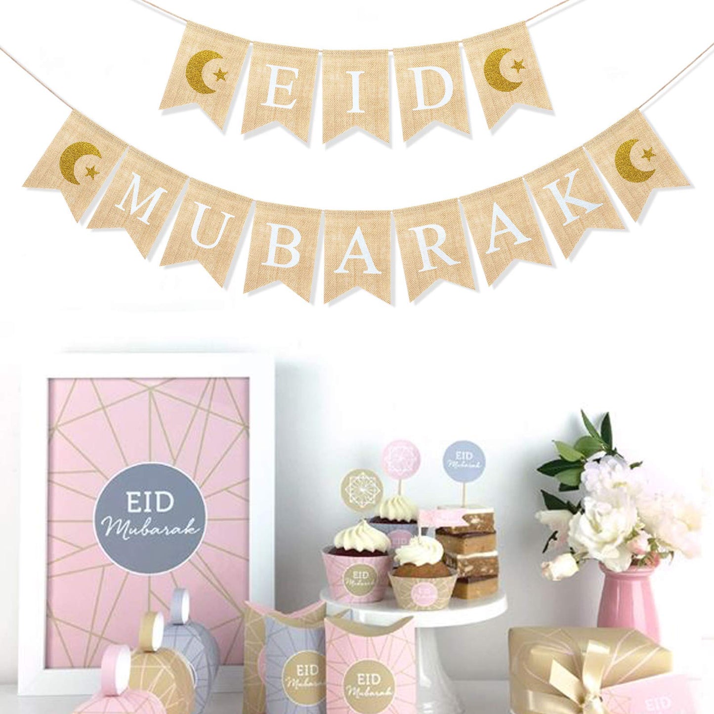 Uniwish Eid Mubarak Banner Burlap Eid Mubarak Decorations for Home Mantel Fireplace Decor Rustic Ramadan Moon Star Hanging Bunting
