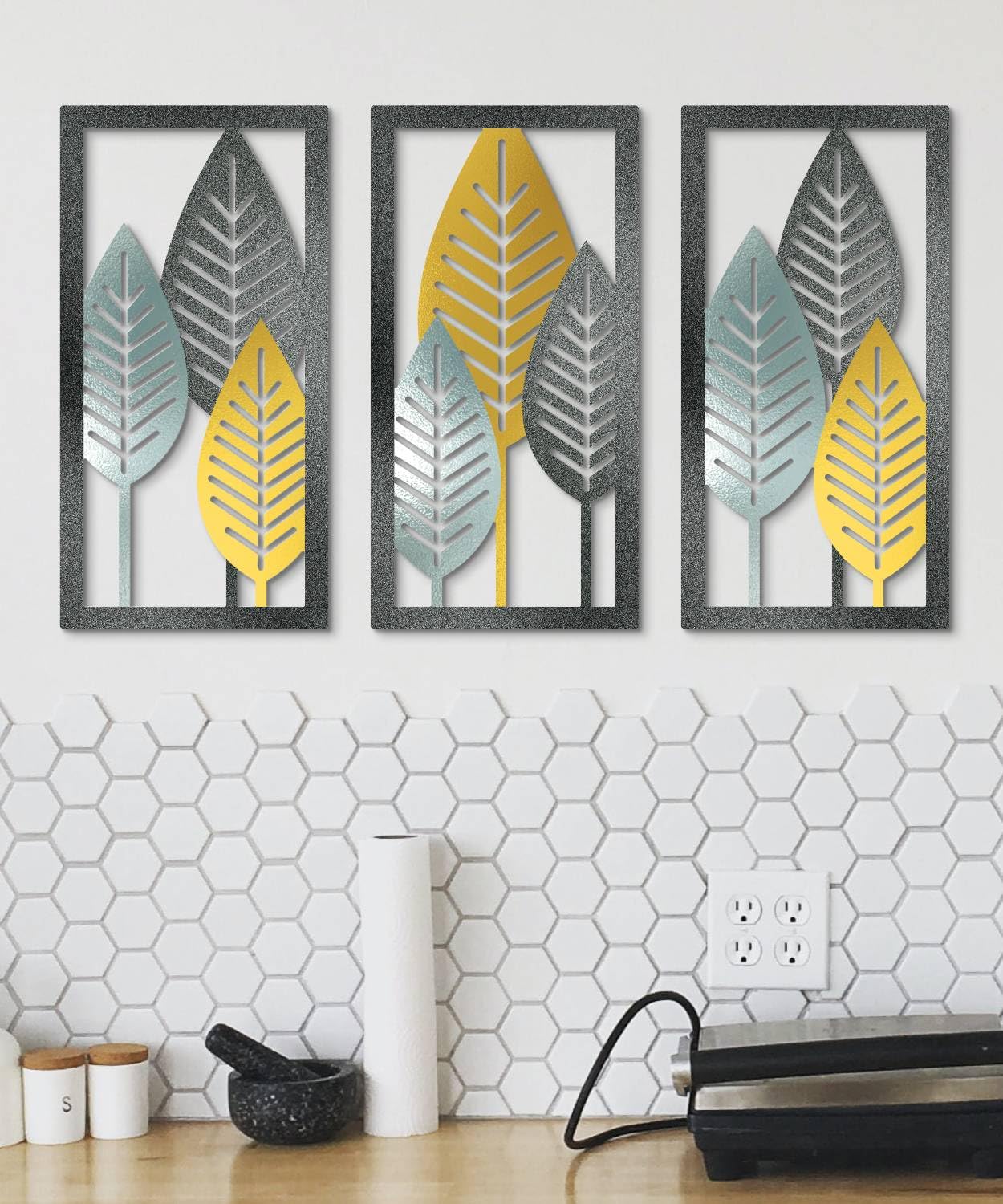 Putuo Decor Leaf Boho Wall Art Set of 3, Botanical Mid Century Nature Wall Decor, Modern Tree Hanging Art for Living Room Bedroom