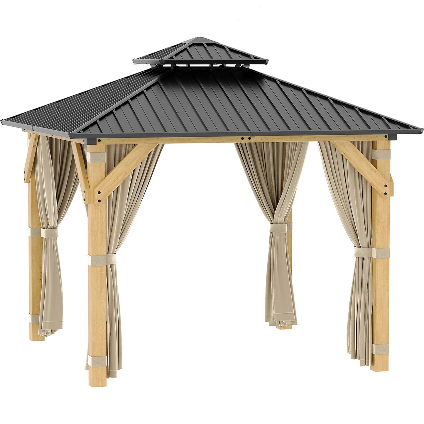 Garvee 10x10 Ft Wood Gazebo, Upgrade Spruce Frame and Double Galvanized Steel Roof, Hardtop Gazebo with Nettings and Curtains for Backyard, Patio, Garden and Lawn, Khaki