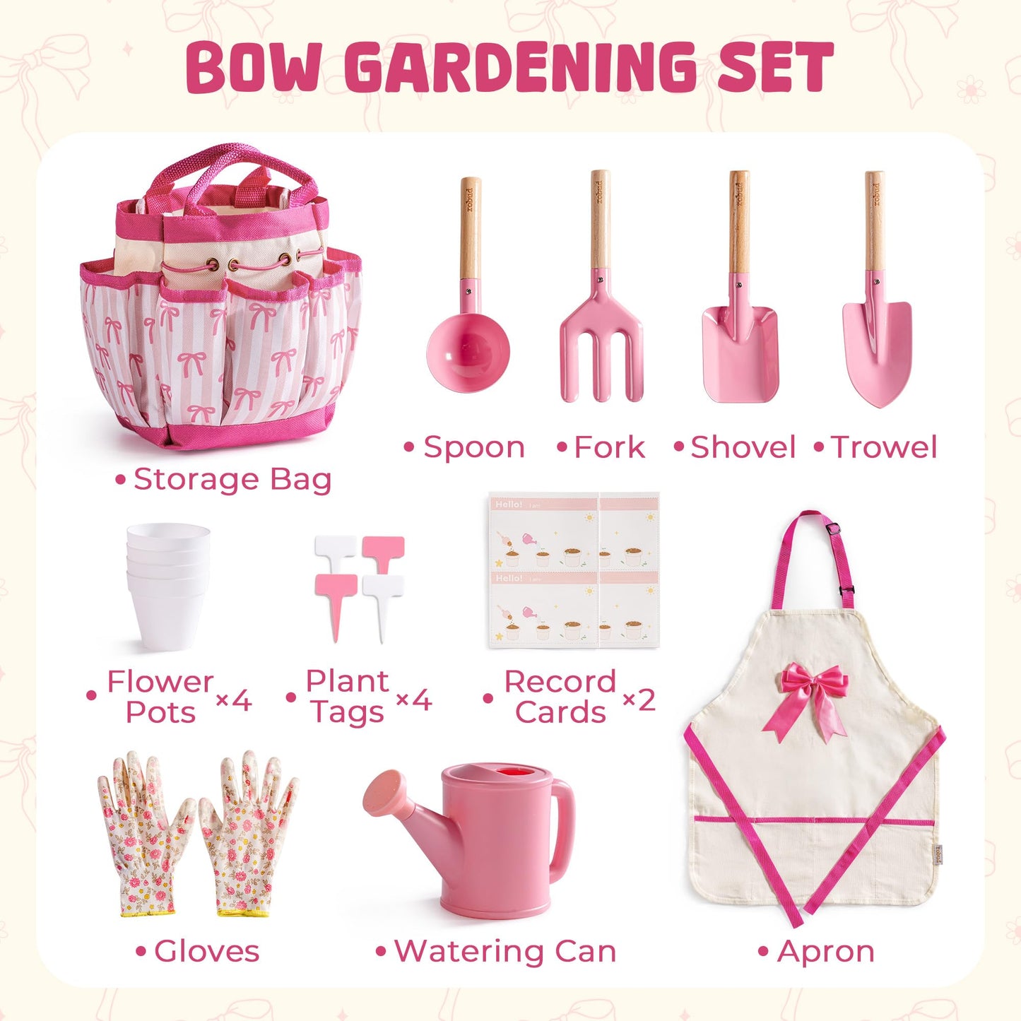 ROBUD Kids Gardening Set 18 PCS Bow Theme Garden Tools for Kids with Storage Bag, Apron, Waterproof Gloves, and Planting Cards – Educational Outdoor STEM Gardening Toy Gift for Girls and Toddlers