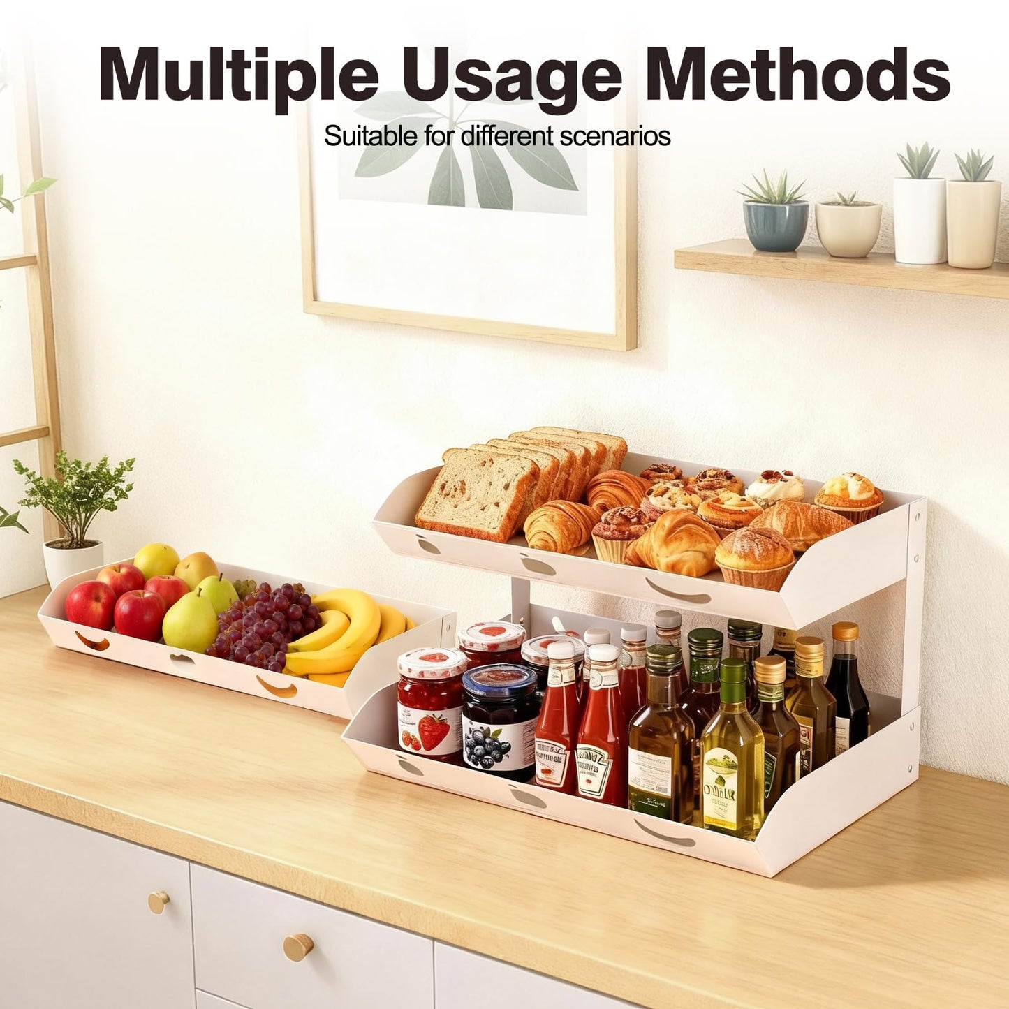 GOENDR Fruit Basket for Kitchen Counter – 3 Tier Metal Fruit Bowl with Banana Hanger, Convertible to 2 Tier, Large Capacity Countertop Organizer for Fruit Vegetables Bread Snack Produce Storage