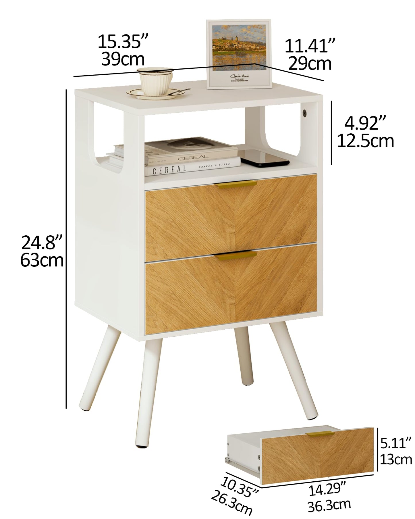 Veegle Solid Wood Nightstand with 2 Storage Drawer and Open Wood Shelf, End Table, Bedside Table with Herringbone Pattern for Rustic Bedroom, Easy Assembly, Rustic Golden Brown and White