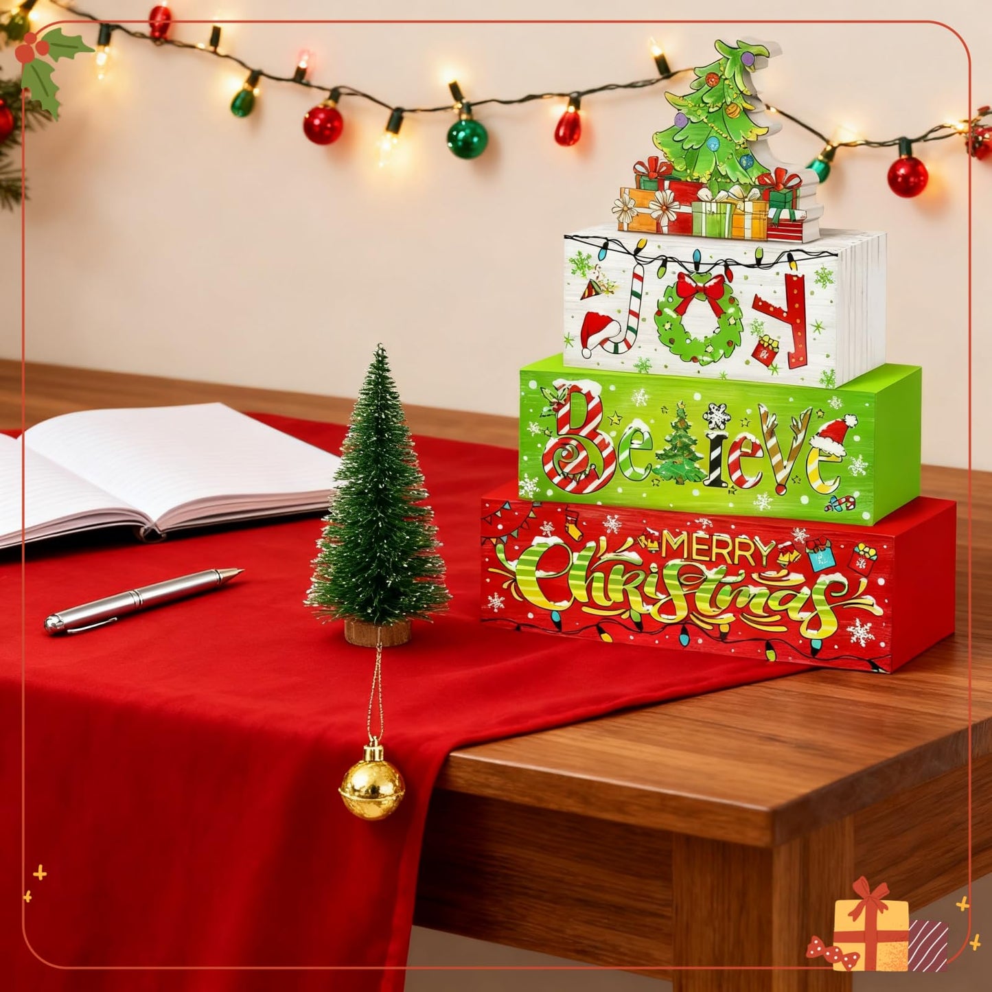 4 Pcs Christmas Wooden Tabletop Decor Winter Christmas Tree Gift Tiered Tray Decorations,Winter Table Centerpieces, Red and Green Centerpiece Rustic Block Signs,Furniture Kitchen Decor Gifts