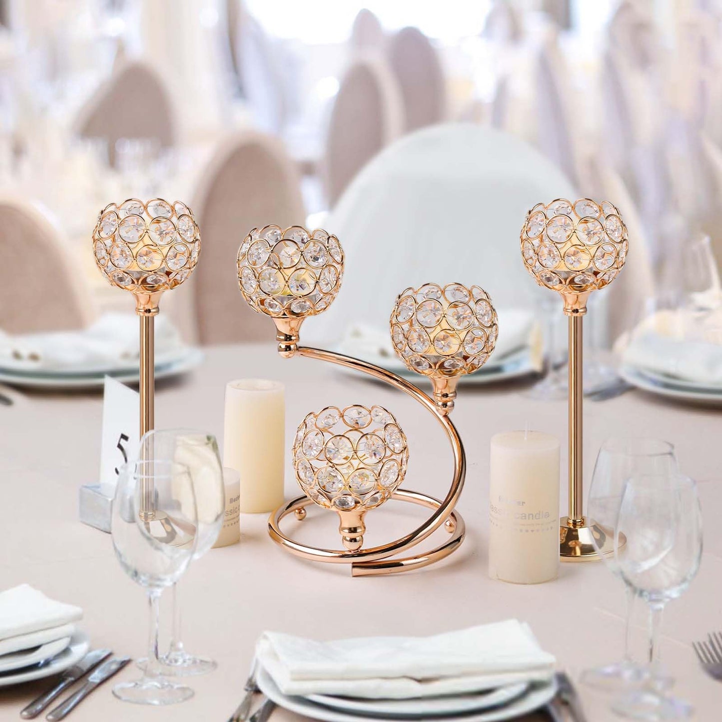 KEHAIL Gold Metal Crystal Candle Holder Set of 3 - Elegant 5-Arm Metal Tea Light Centerpiece with Shining Crystal Bowl, Wedding Anniversary Table Decor for Dining, Party