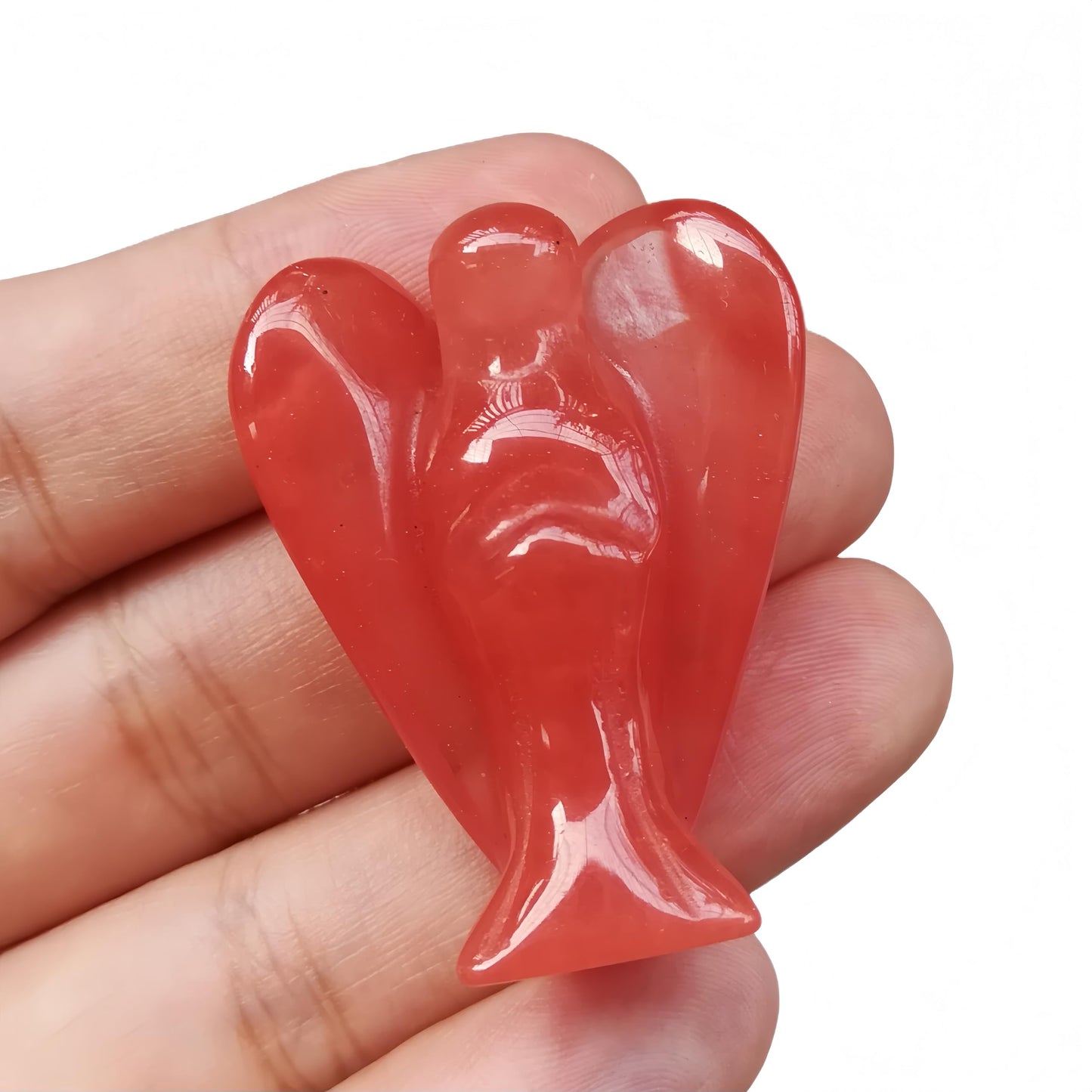 Afucats Synthetic Cherry Quartz Healing Guardian Angel Indoor Decorative Stone,1.5 Inches Carving Pocket Palm Statue,Gift for Her Christmas Décor