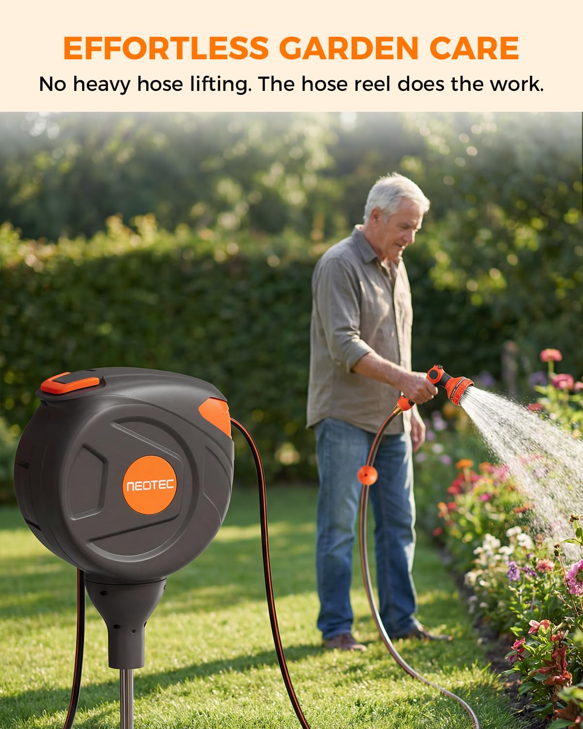 Retractable Garden Hose Reel 360° Swivel 82 ft 1/2 Inch Ground-Mounted Freestanding Water Hose Reel No-Drill Installation Any-Length Lock 20% Slow Return for Large Yard Lawn Car Washing