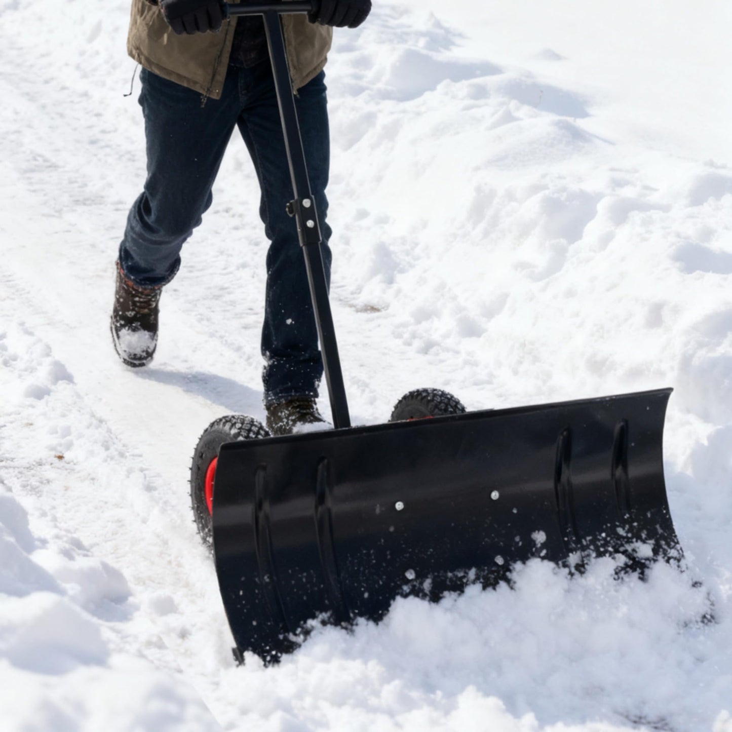 Snow Shovel with Wheels,29" Wide Metal Snow Pusher Shovel with 15" Height &10" Wheels,Adjustable Angle&Height Handle,Effortless Snow Removal,Ergonomic Design for Driveway&Sidewalk (Black Single Rod)