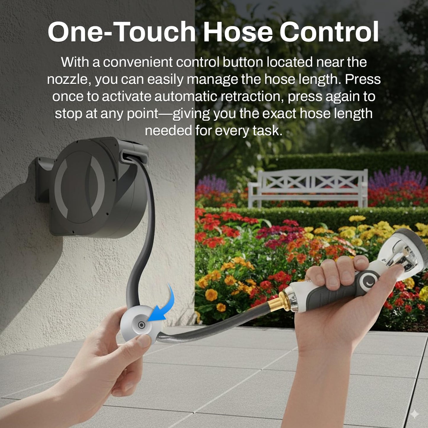 Betta EaseReel Battery-Powered Wall-Mounted Retractable Hose Reel, with Quick-Access Dual Hose Length Control, 8 Spray Patterns Nozzle, Automatic Roll-Up & Tangle-Free Hose Guide (1/2'', 78FT/23m)