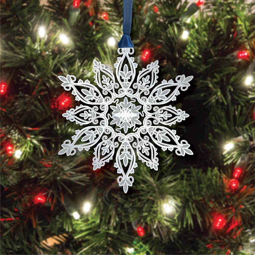 Beacon Design Wondrous Snowflake Hanging Ornament, 3.2" x 3.5", Solid Brass, Rhodium-Plated Finish, Elegant Etched Detailing, Winter Holiday Décor, Made in The USA