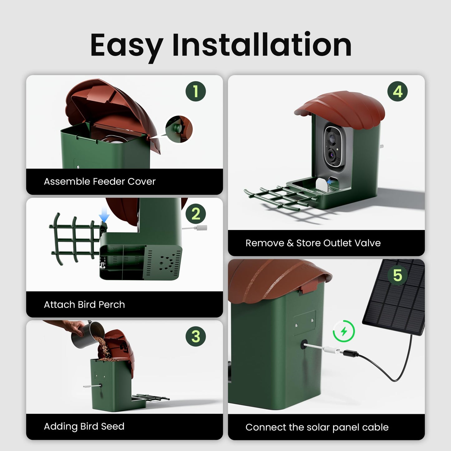 HEAPETS Bird Feeder with Camera Solar Powered, 4K UHD Video, AI Bird Recognition, Auto Capture with Instant Notifications, IP65 Weatherproof, Gifts for Seniors Bird Watchers, Brown
