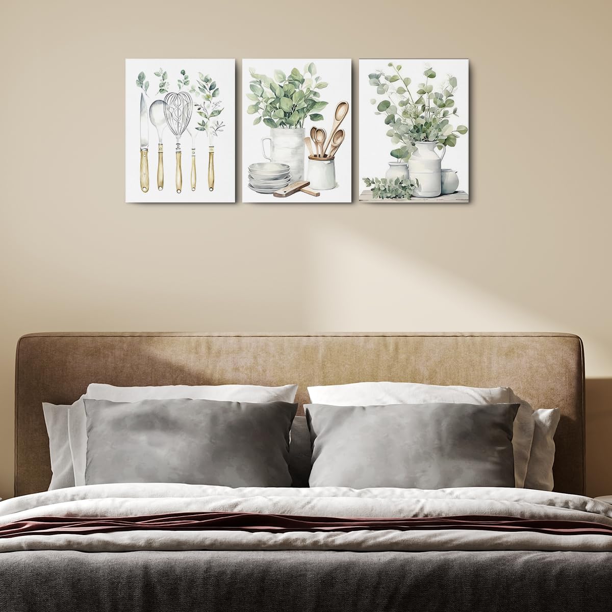 3 Pcs Botanical Plant Canvas Wall Art, Aesthetic Boho Wall Decor Framed Prints for Bedroom Living Room Decor, Sage Green Eucalyptus Leaf Tableware Prints for Office, Housewarming Gifts 11.5x15 Inch