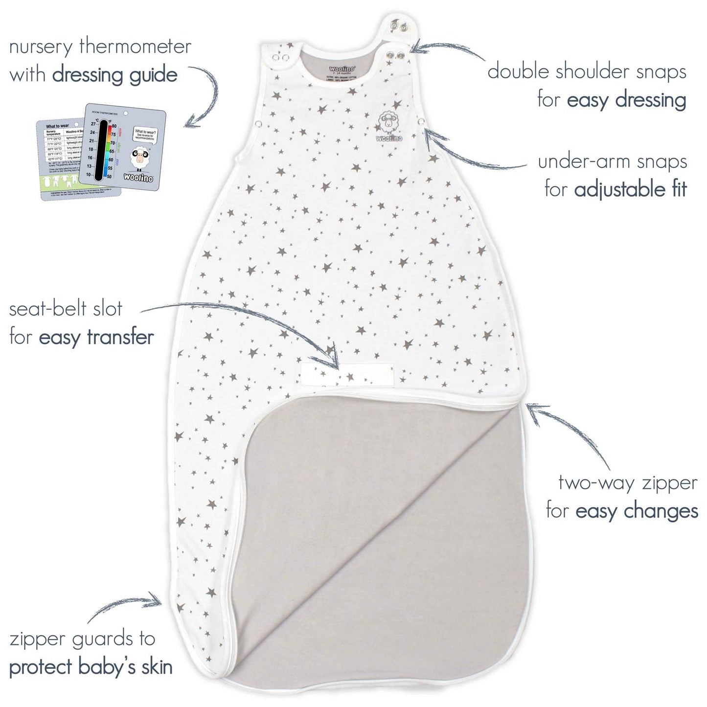 Woolino 4 Season Ultimate Baby Sleep Sack – Merino Wool Baby Sleep Bag, Organic Cotton, Temperature Regulating Wearable Blanket, Adjustable Sleep Sack 2–24 Months, All Season - Lilac