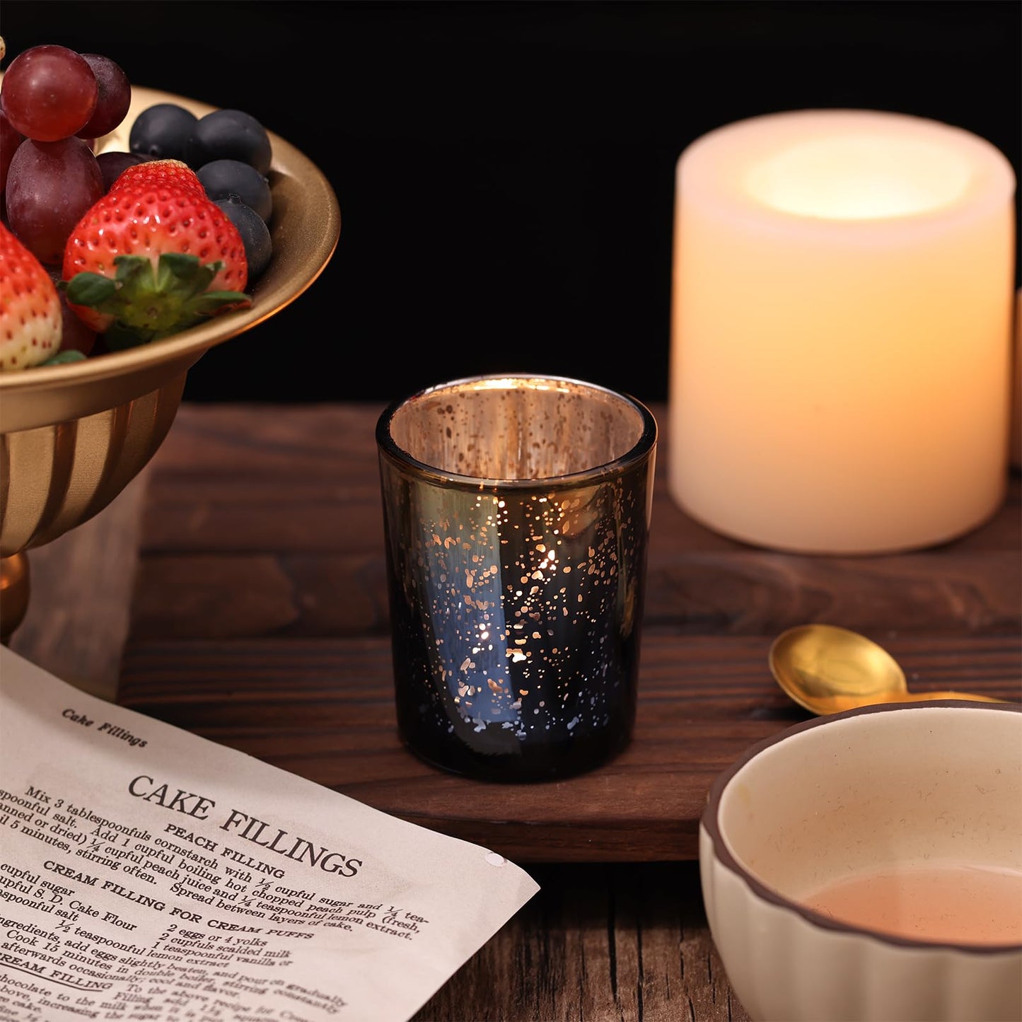 Volens Navy Votive Candle Holders Set of 12, Speckles Mercury Glass Tealight Candle Holder Bulk for Table Wedding Centerpiece, Navy Blue and Gold Themed Party Decorative & Home Decor