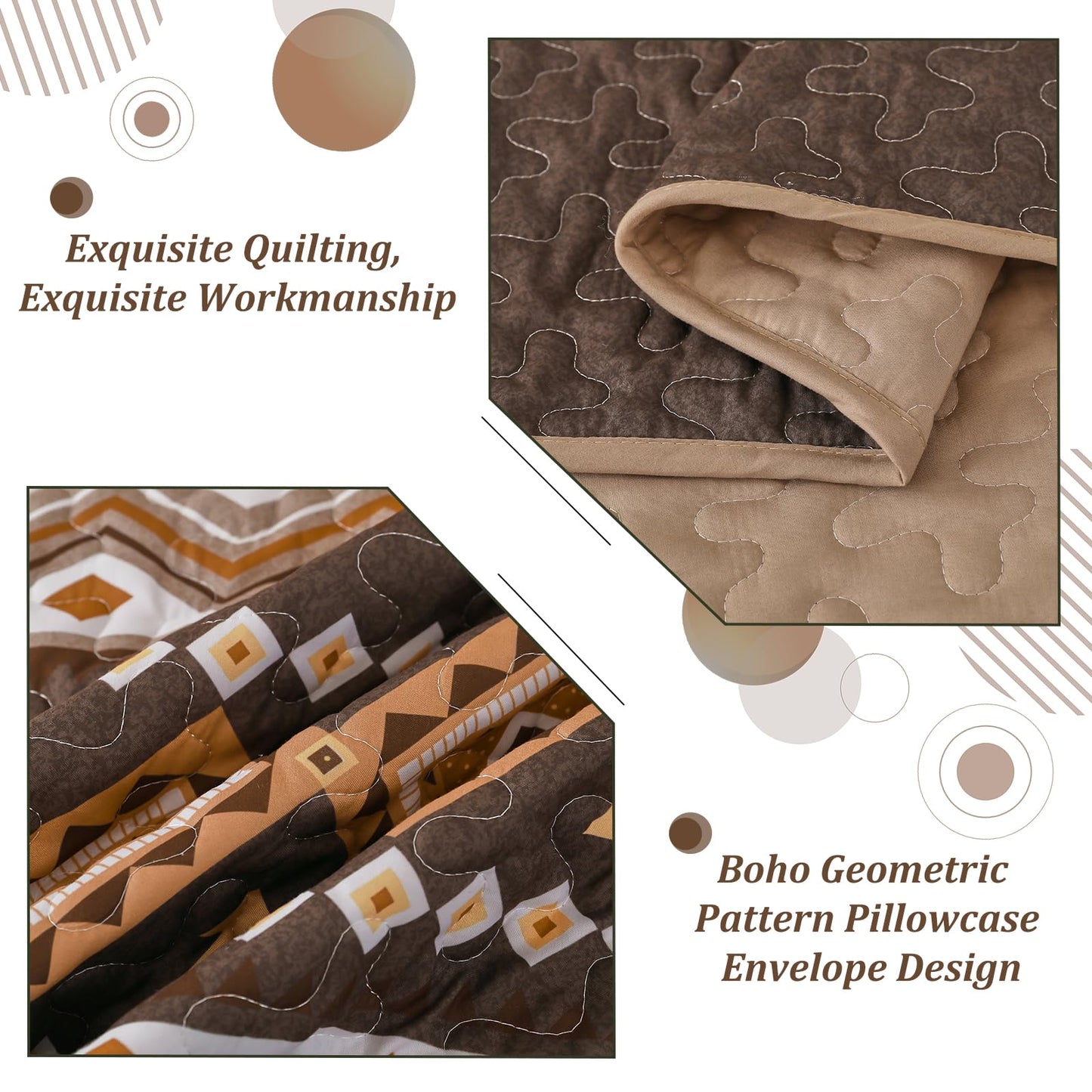 WONGS BEDDING Boho Quilt Set Queen Size,3 Pieces Brown Geometry Printed Bedspread Coverlet Set,Lightweight Microfiber Bedding Set with 2 Pillowcases,96"×90"