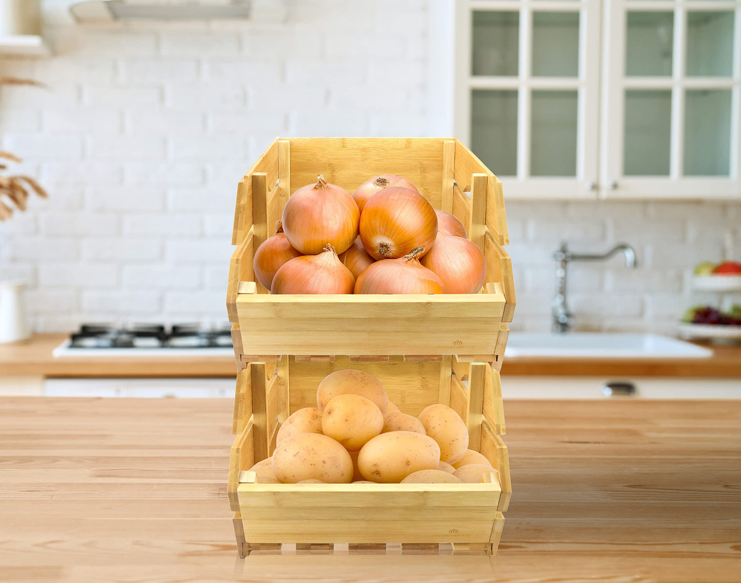 ROYALHOUSE Bamboo Fruit Bowl, Fruit & Vegetable Storage For Kitchen Countertop, Bamboo Fruit Basket, Tabletop Fruit Serving Bowl