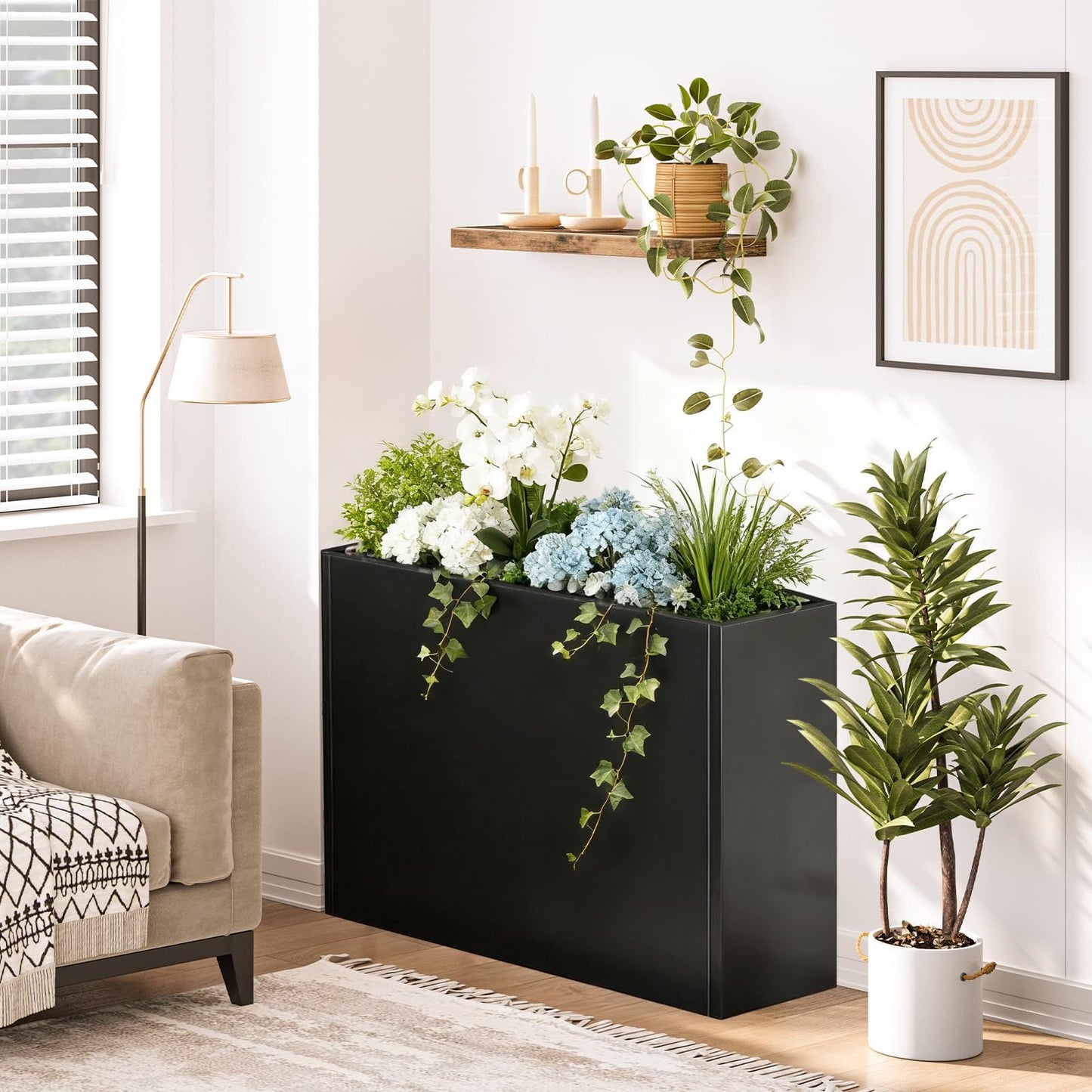 Nessxa Tall Metal Planter Box for Outdoor Plants 38" L x 13" W x 30", Heavy Duty Steel Large Rectangular Planter Box with Removable Insert Shelf, Modern Décor for Tall Plants, Trees, Flowers (Black)