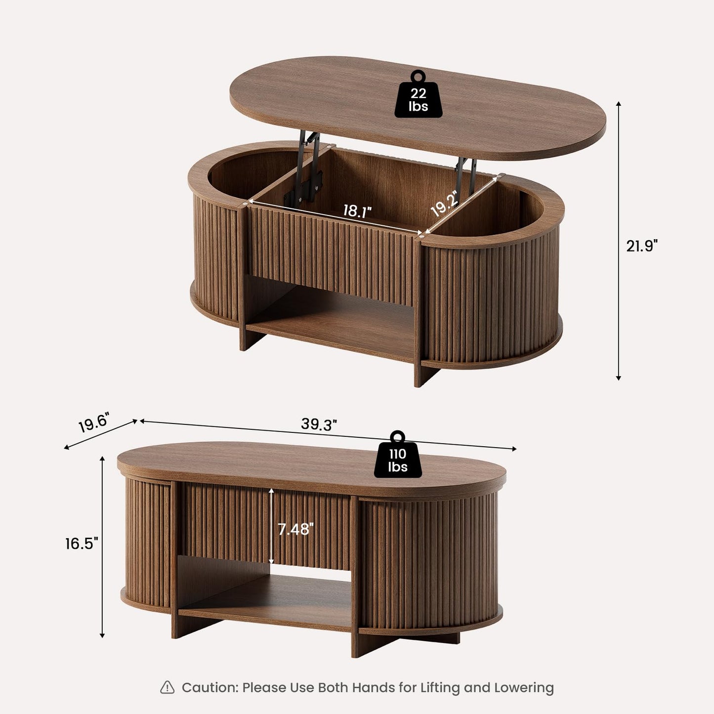 Sikaic Fluted Lift Top Coffee Table with Storage, Mid Century Modern Oval Coffee Tables with Open Shelf and Hidden Storage Compartment, Center Table for Living Room, Office, Small Space, Walnut Brown