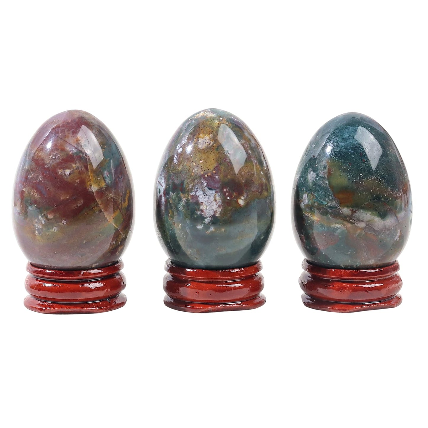 Casaper 2" Natural Ocean Jasper Egg with Wood Stand for Home Decoration, Polished Crystal Pocket Palm Sphere Fengshui Figurines Healing Reiki
