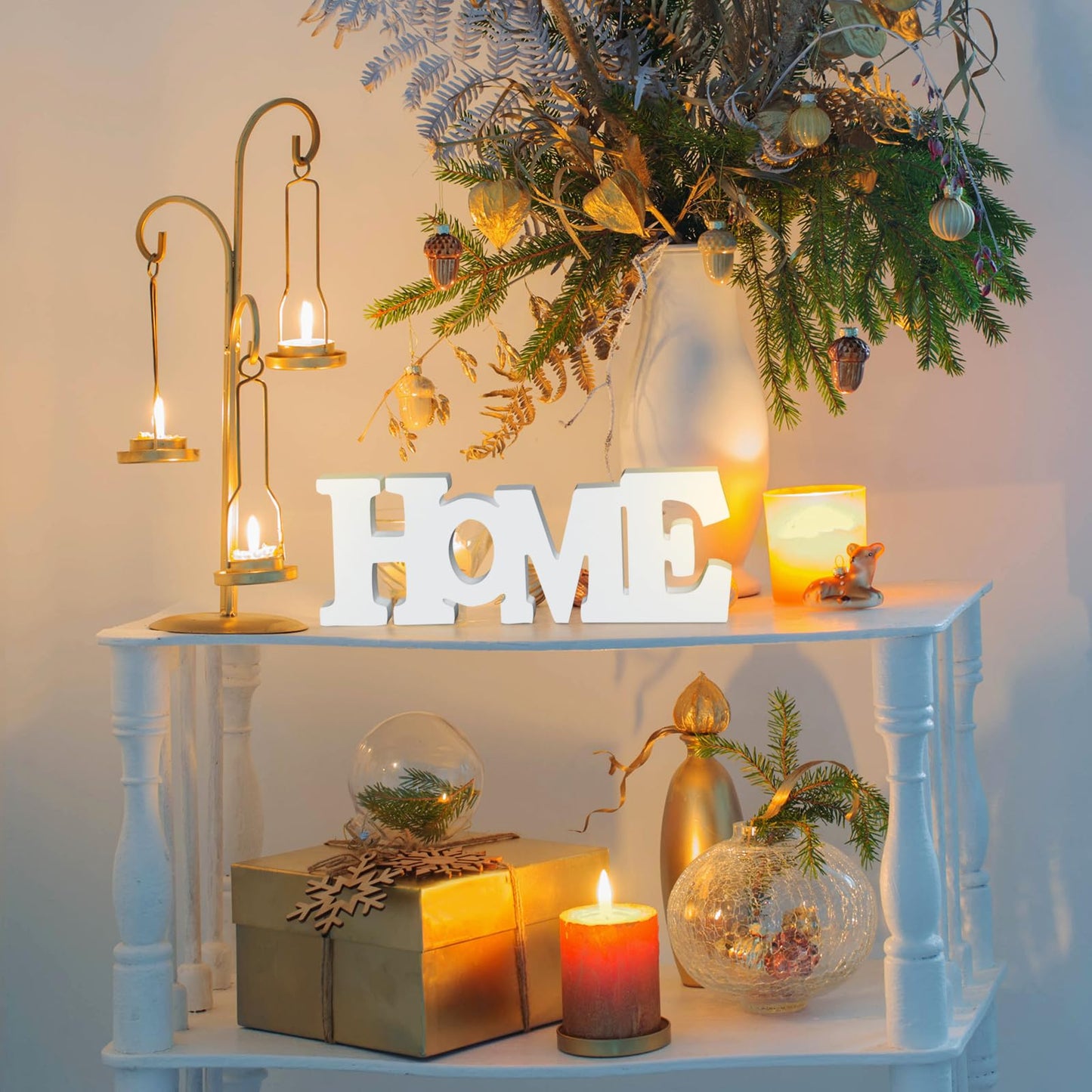 Wooden Blocks Wall and Table Top Decor: Freestanding Letter HOME Sign for Living Room, Entryway or Party Decor (White)
