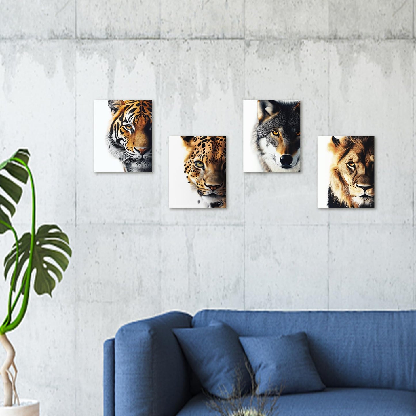 DOODLREAM 4 Pack Unframed Waterproof Animal's Face Decors Canvas Wall Art Tiger Lion Wolf's Head 8 x 10 Inch Canvas Wall Posters for Home Room Office Decoration Gift