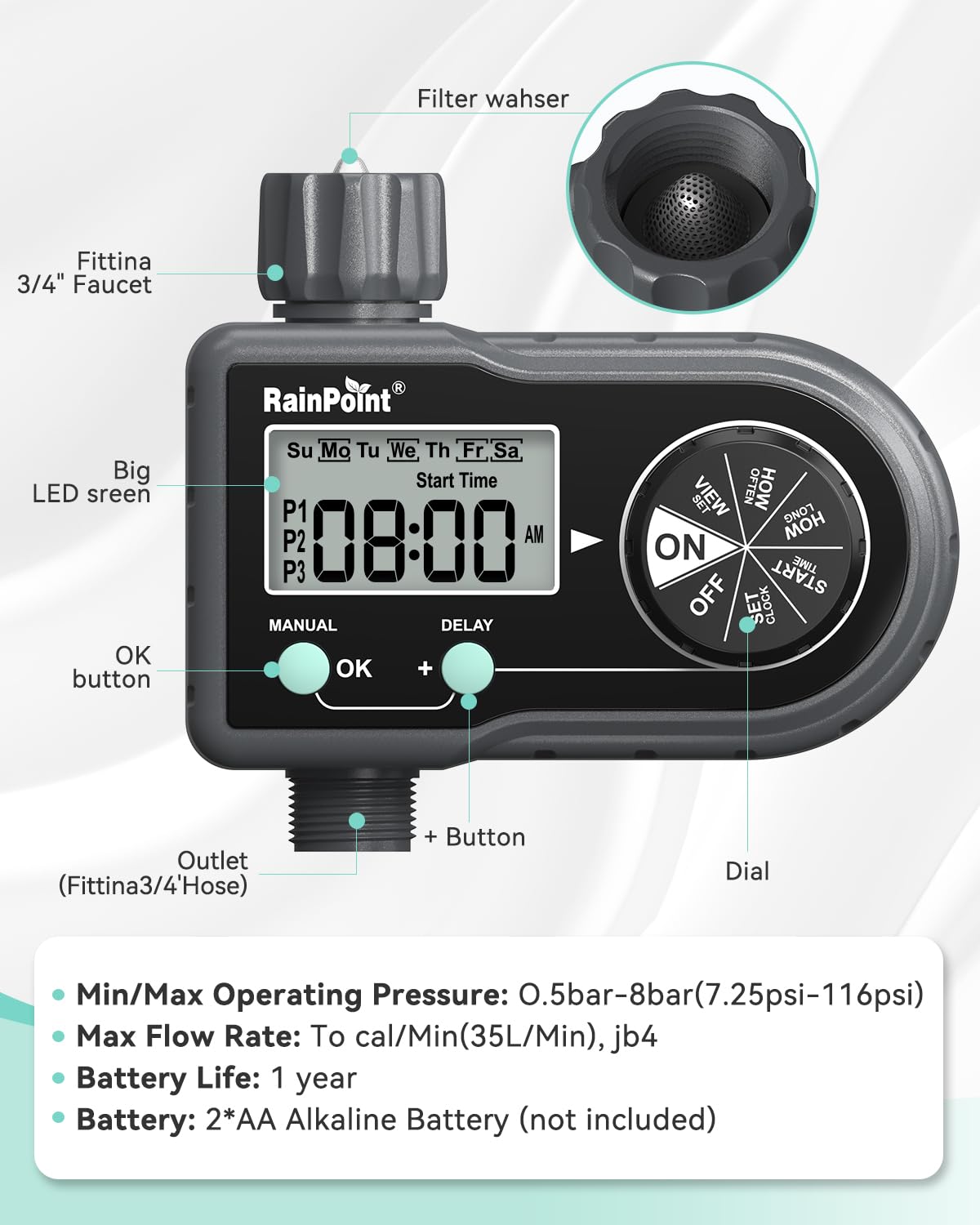 RAINPOINT Sprinkler Timer, Hose Timer with 3 Individual Programs, Water Timer for Garden Hose Faucet, Programmable Automatic/Manual Irrigation System, for Specific Days or Daily Outdoor Lawn Watering