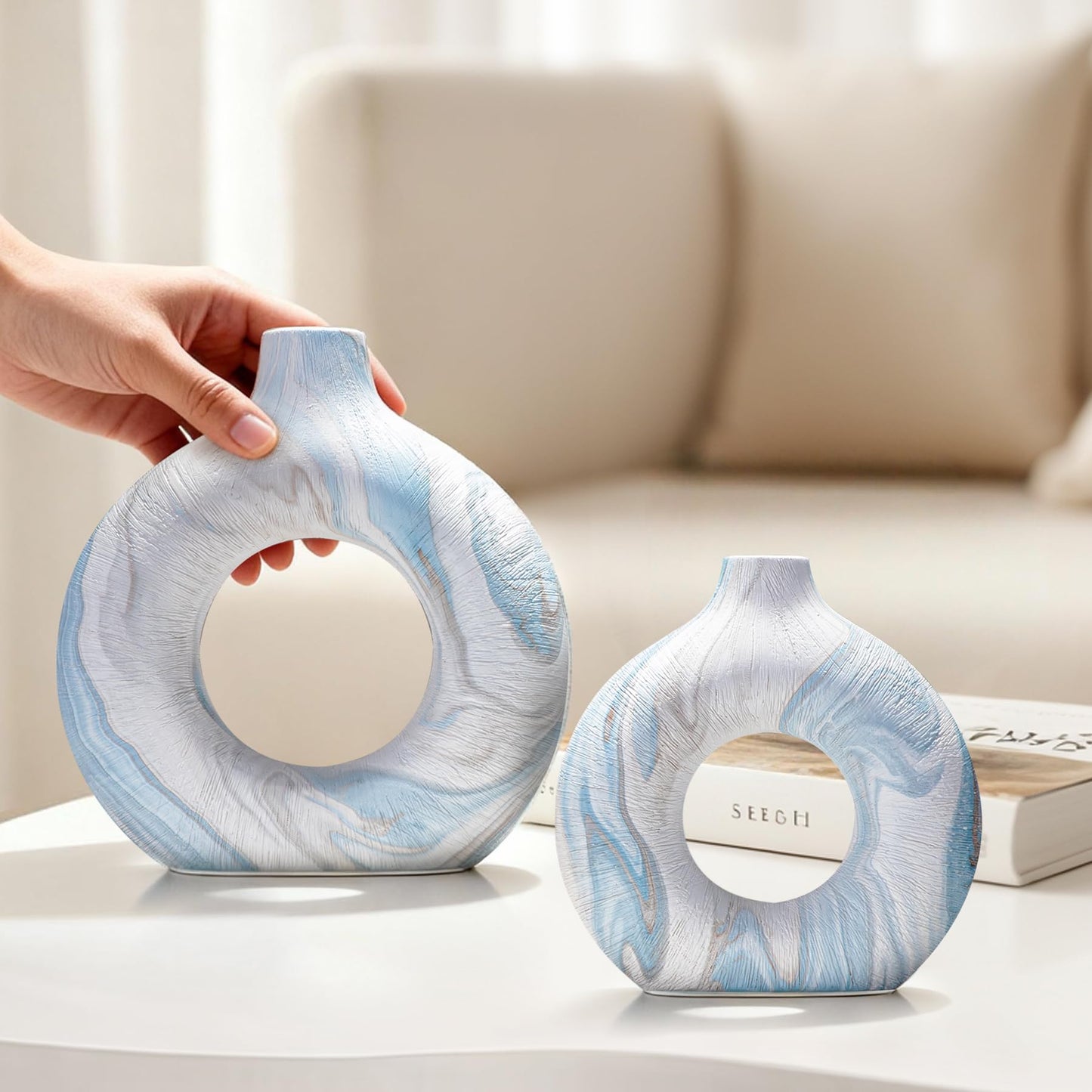 Ceramic Donut Vase Set of 2, Light Blue & White Ring Centerpiece for Pampas Grass, Modern Boho Hugging Snuggle Design, Small Blue Flower Holder for Shelf, Mantel, Wedding Table Decor(8.07"H & 6.3"H)