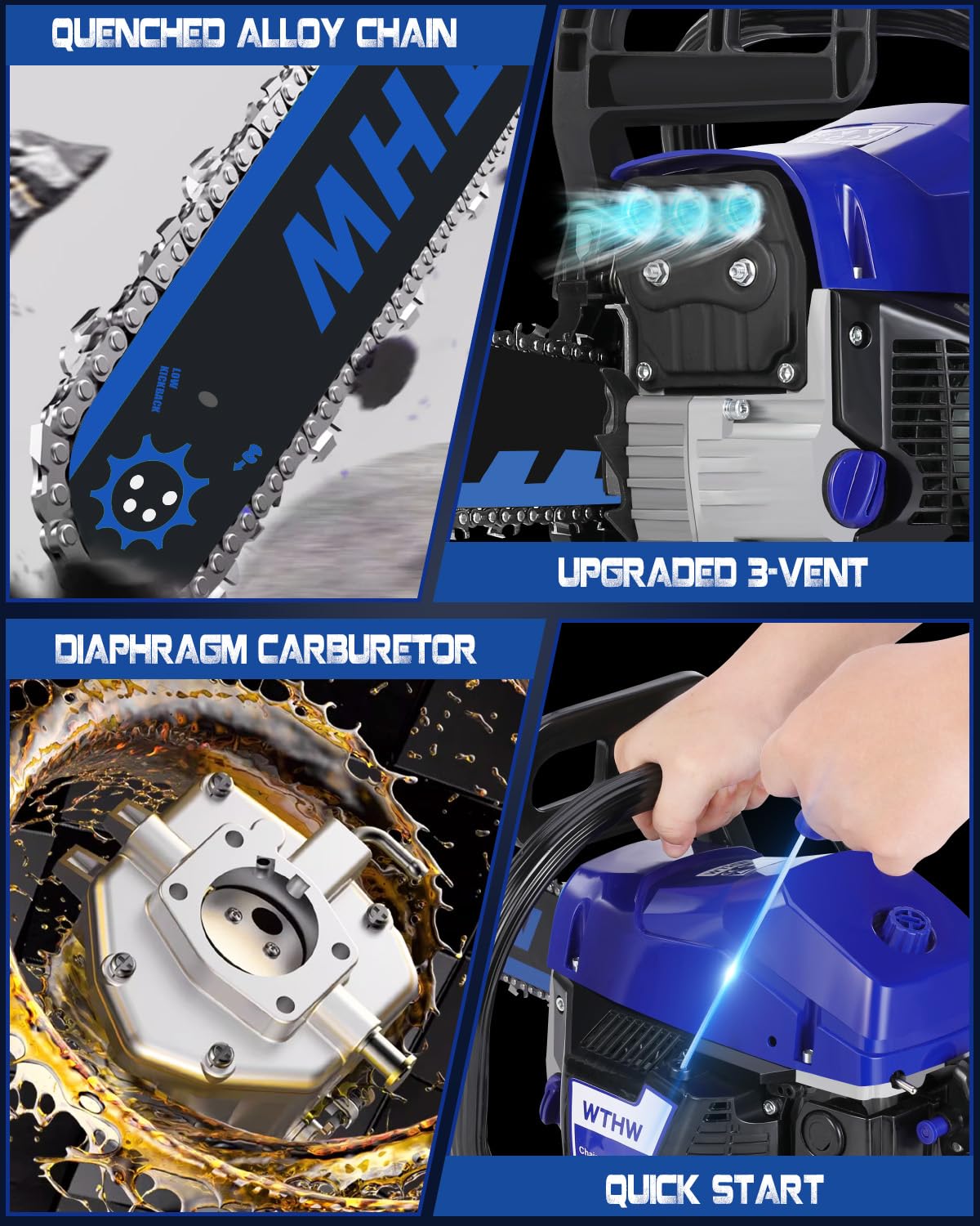 WTHW 58 cc Gas Powered Chainsaw, 20 in & 18 in Quick-Switch Bars – 550 ml Fuel 260 ml Oil Tanks, Automatic Chain Oiler, Centrifugal Air Filter, Quick Start, Inertial Chain Brake (Blue)