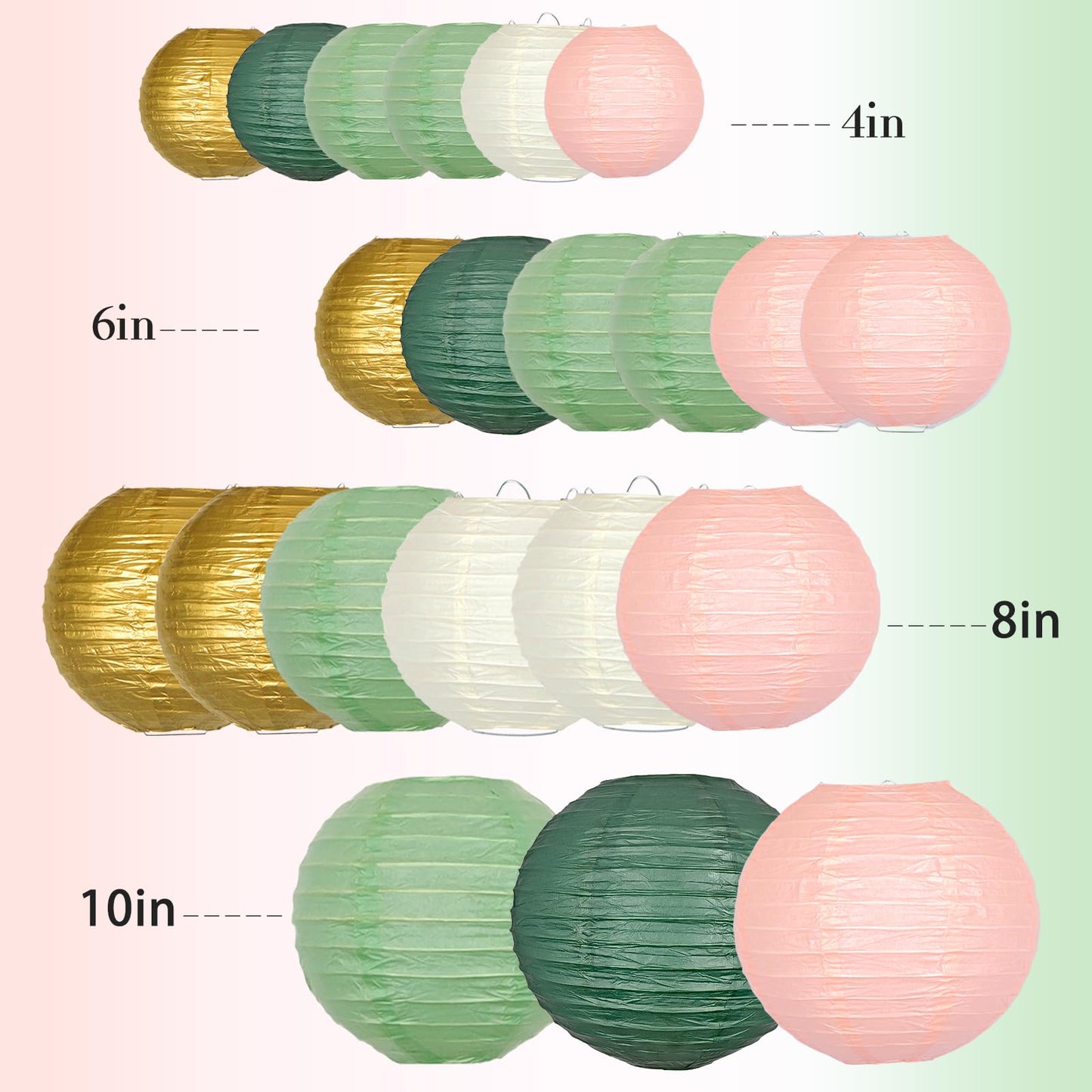 ADLKGG Paper Lanterns Decorative, Hanging Paper Lantern Decorations for Valentines Day Decorations Graduation Wedding St. Patrick's Day Neutral Baby Shower Home Decor Sage Green/Pink/Gold 21pcs