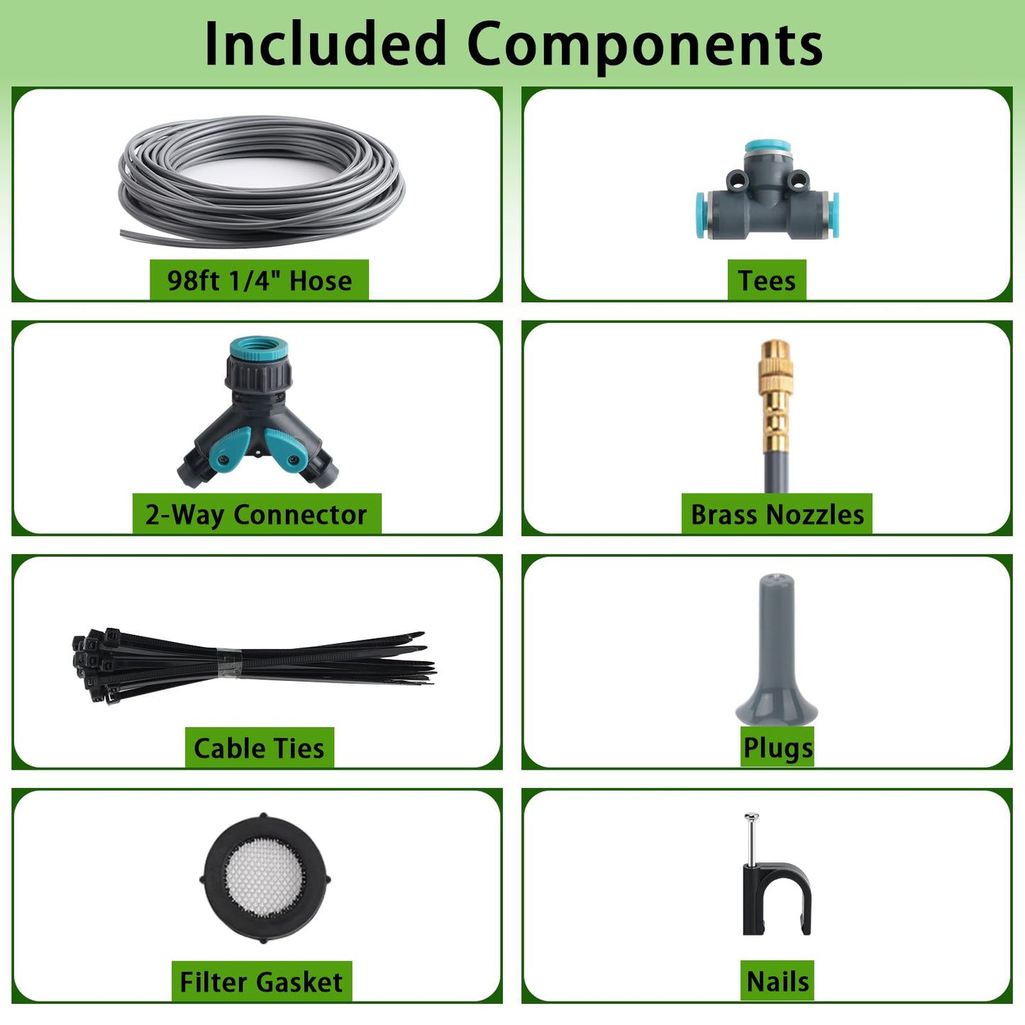 98FT 1/4" Quick-Connect Drip Irrigation System Kit, Automatic Garden Watering System with 16 Pcs Adjustable Spray Nozzles for Garden, Greenhouse, Yard, Lawn