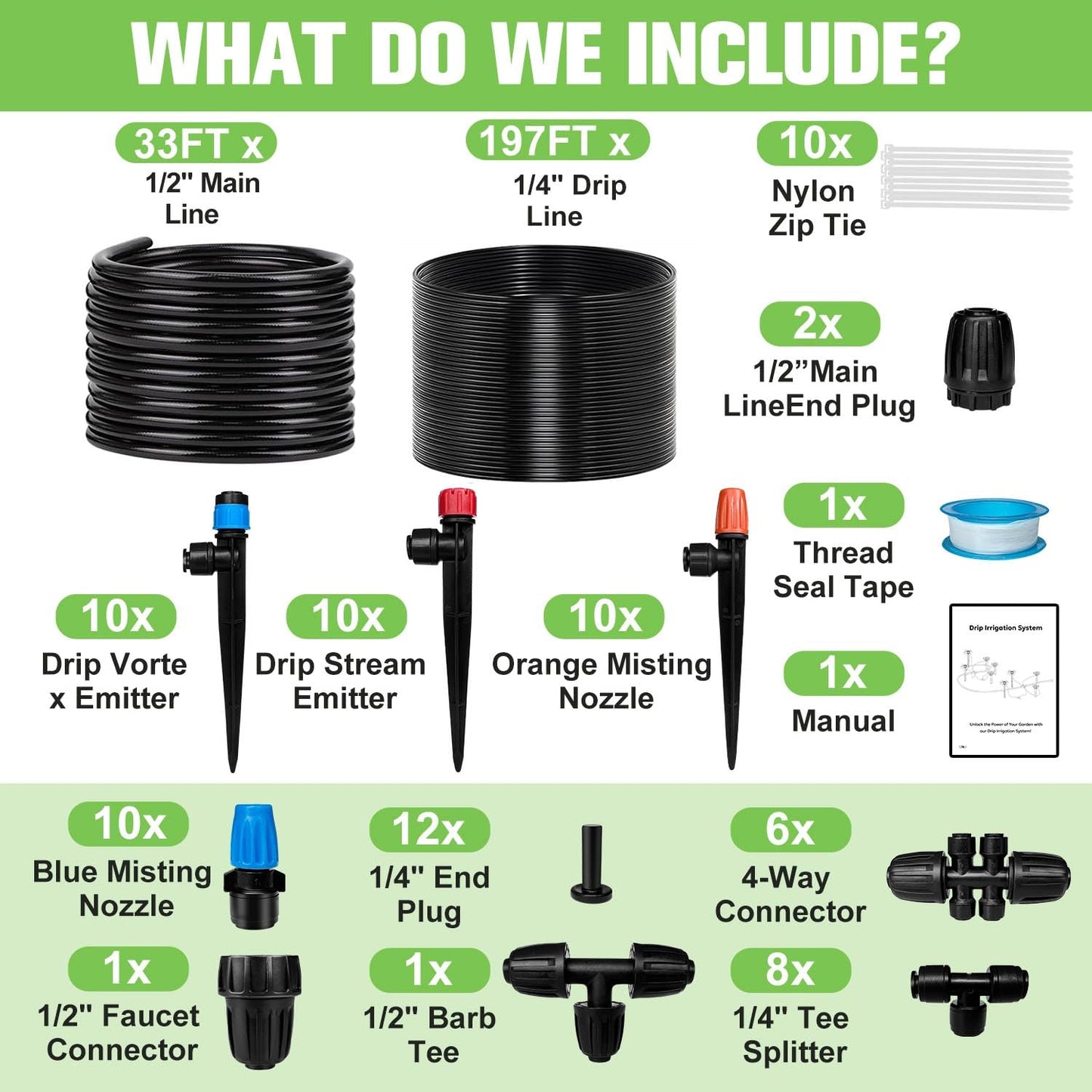 TJJFMM 230FT Drip Irrigation System for Garden with 40 Nozzles & Emitters, Garden Watering System with 1/2" & 1/4" Tube and Barbed Fittings - Adjustable Sprinklers Kit for Greenhouse, Lawn, Raised Bed
