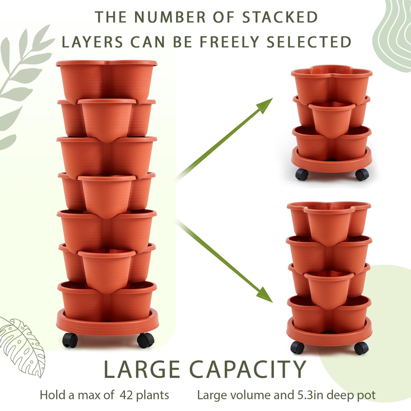 Umigy 2 Set Clay Red 7 Tier Stackable Vertical Planters with Removable Wheels and Tools Tower Planters Strawberry Herb Flower Vegetable Pots Indoor Outdoor Gardening Pots
