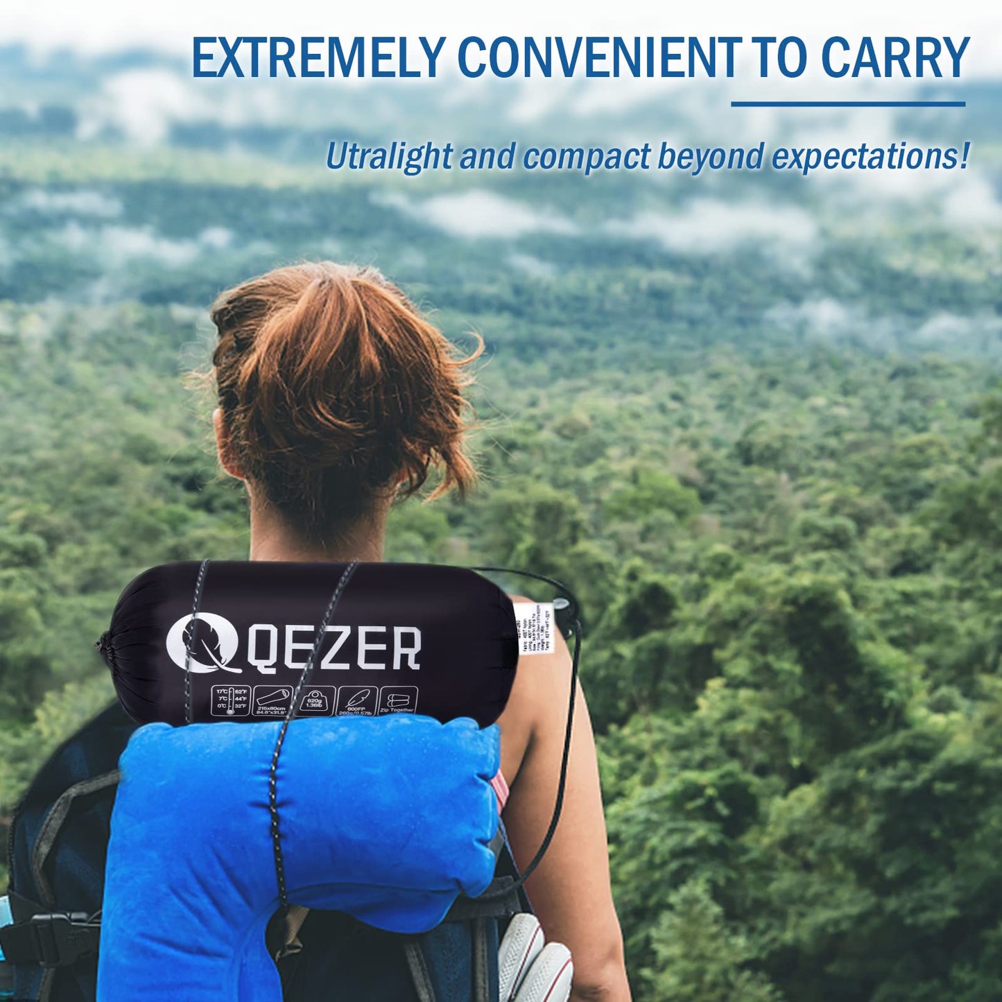 QEZER Ultralight Down Sleeping Bag for Adults 36-61 Degree F with 600 Fill Power, Compact Three Season Sleeping Bag for Backpacking, Hiking and Camping